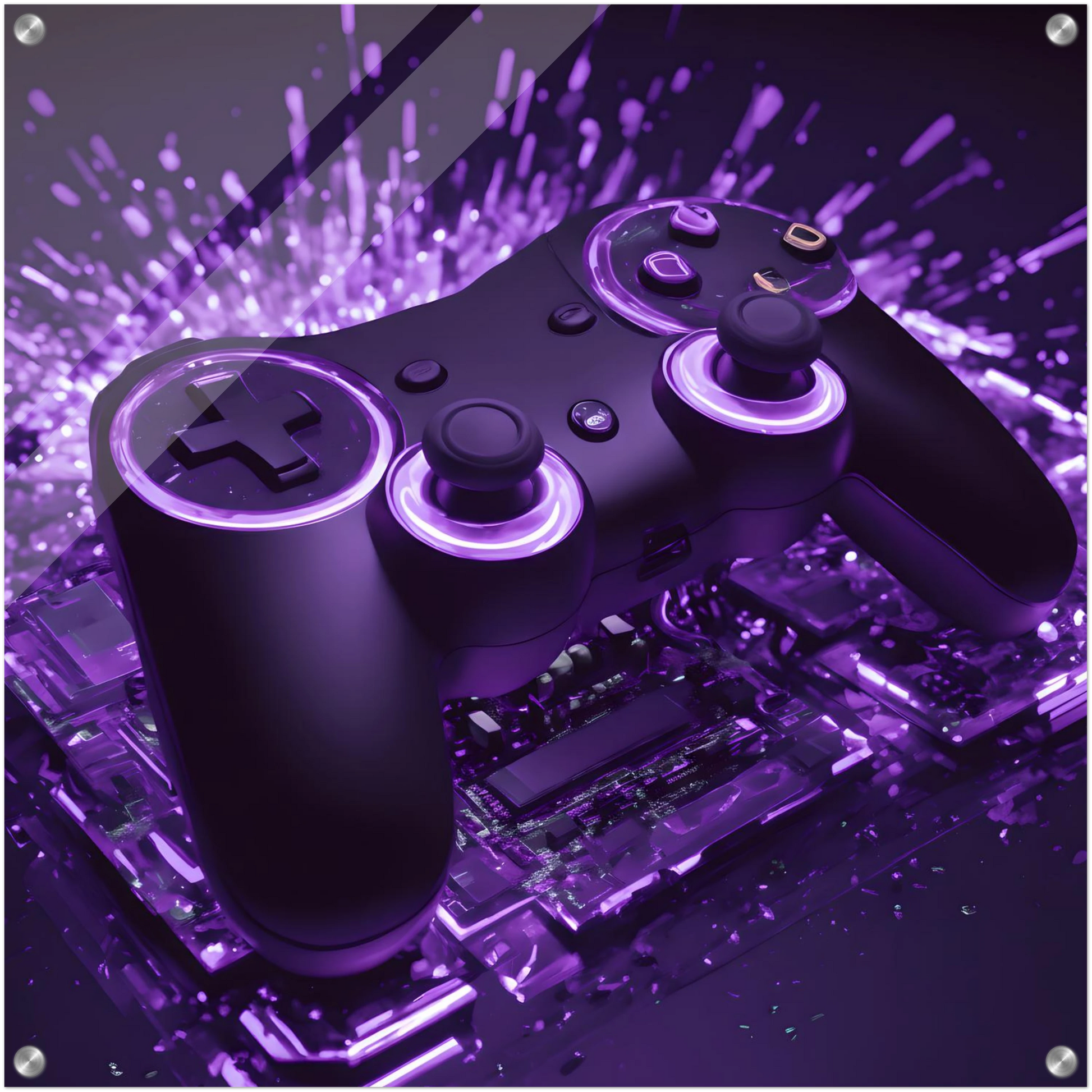 Modernes Gaming-Wandbild mit einem schwarzen Controller, der von violettem Neonlicht und Lichtpartikeln umgeben ist. 60x60 cm. Acryl