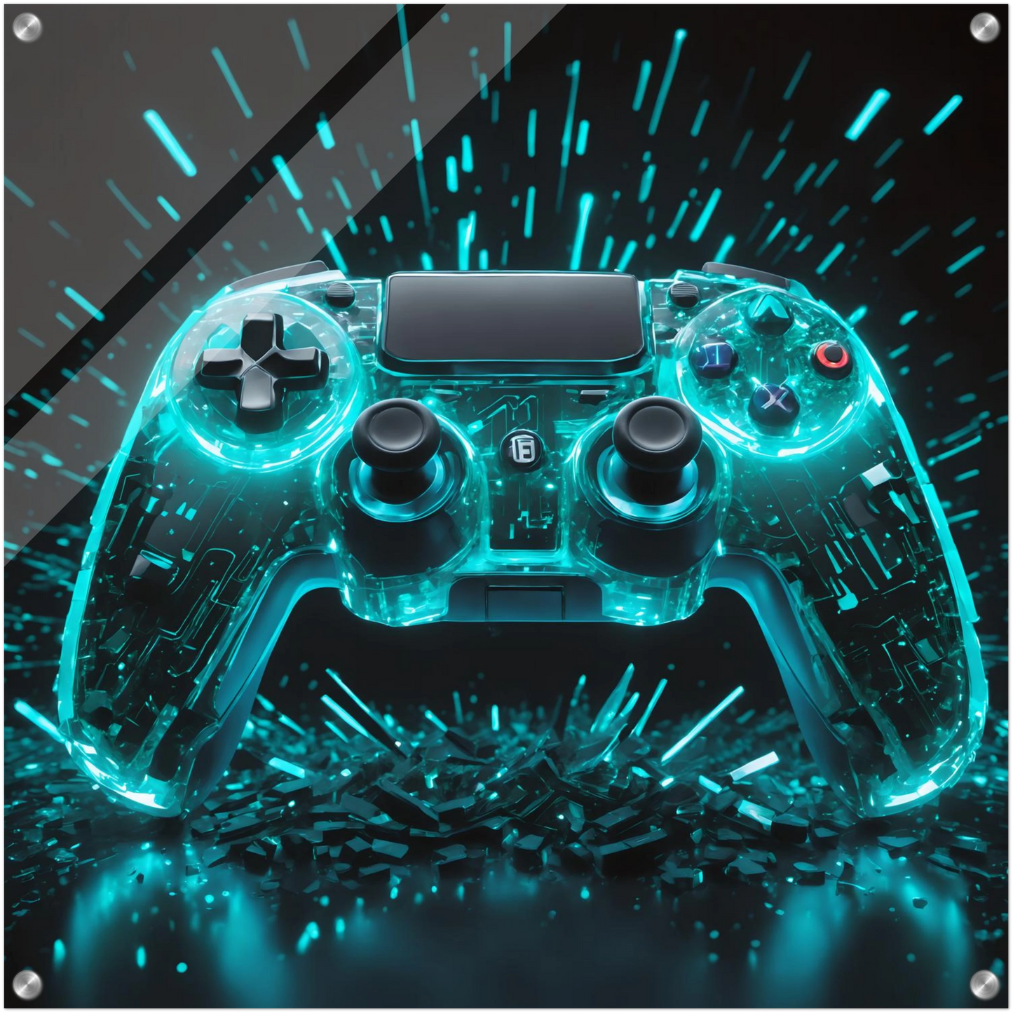 Modernes Wandbild eines transparenten Gaming-Controllers mit leuchtend türkis-cyanfarbenen Schaltkreisen und Licht-Explosion. 60x60 cm. Acryl
