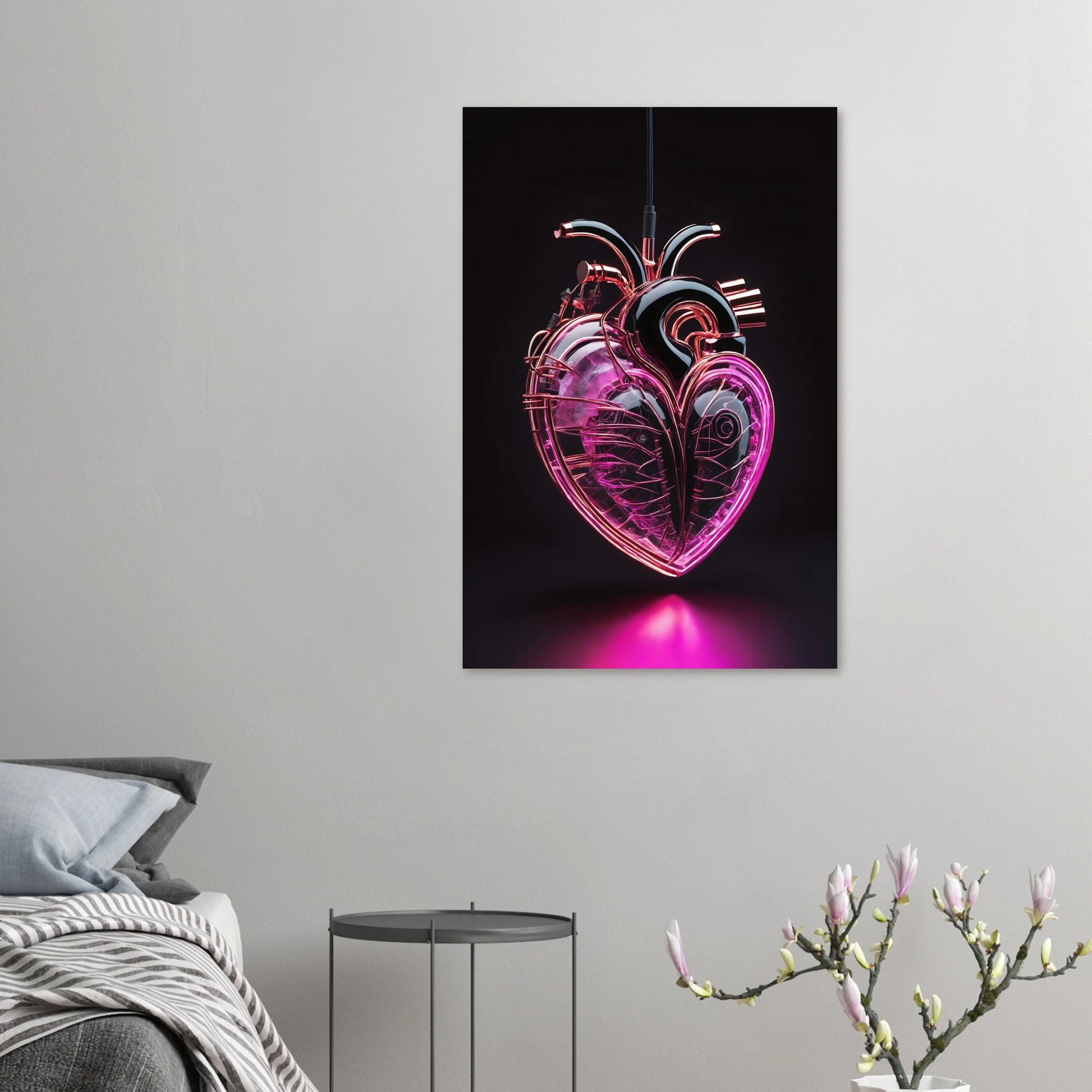 Digitales Kunstwerk eines anatomischen Herzens mit leuchtend pinken Neon-Strukturen und glänzenden schwarzen Oberflächen auf dunklem Grund. 60x90 cm. Dibond