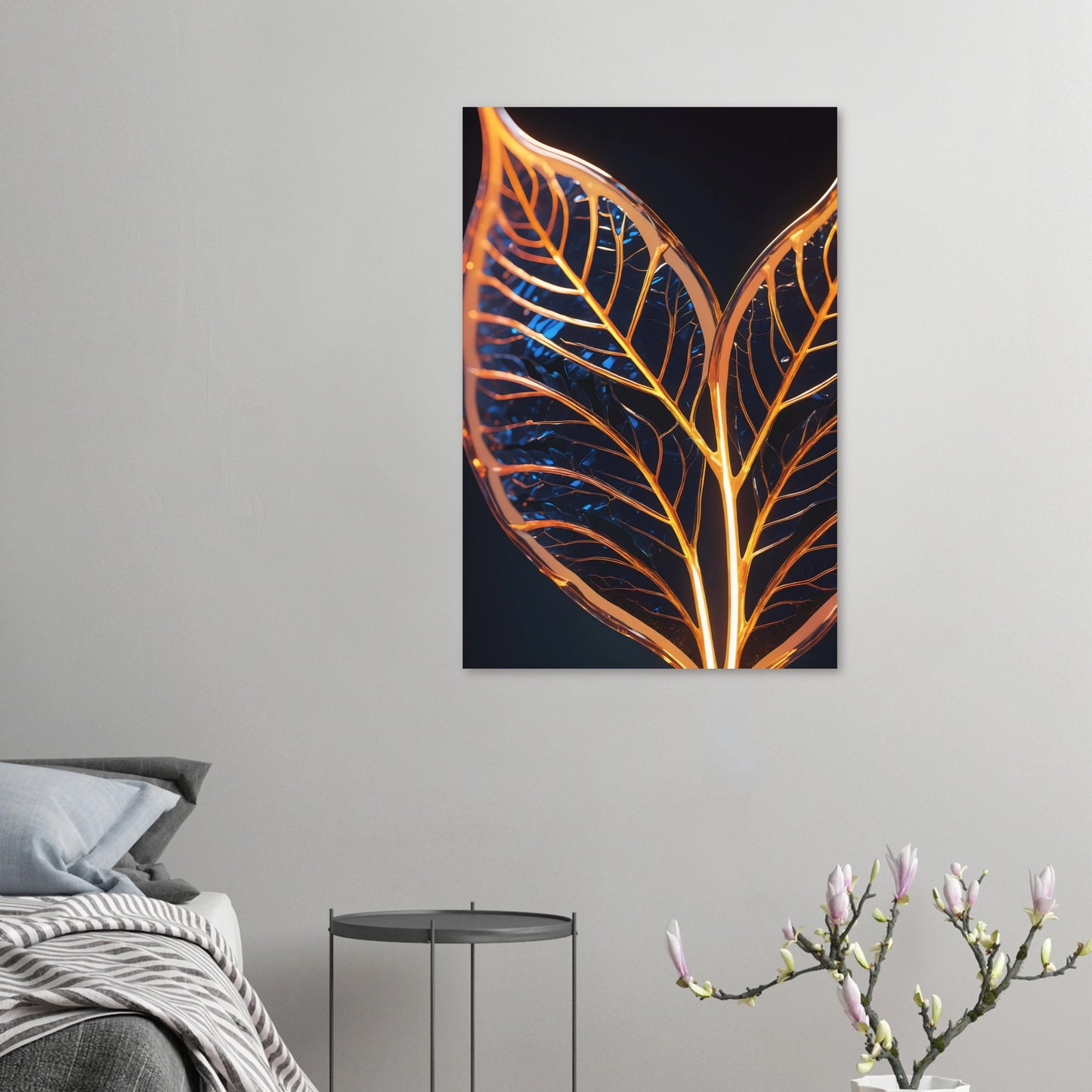 Modernes Wandbild mit zwei goldenen, gläsernen Blättern in Makroaufnahme auf dunklem Hintergrund, Format 60x90 cm. Dibond