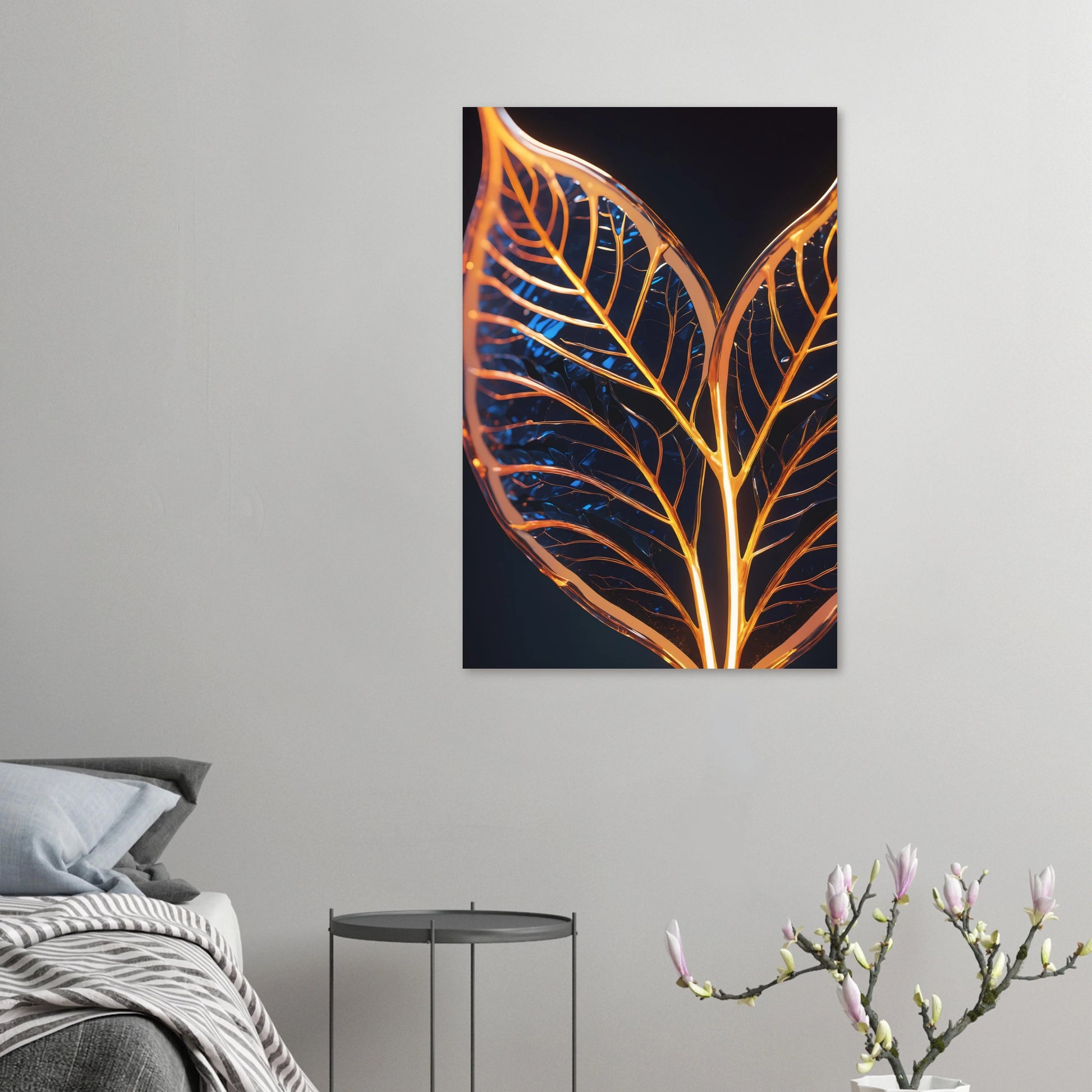 Modernes Wandbild mit zwei goldenen, gläsernen Blättern in Makroaufnahme auf dunklem Hintergrund, Format 60x90 cm. Dibond