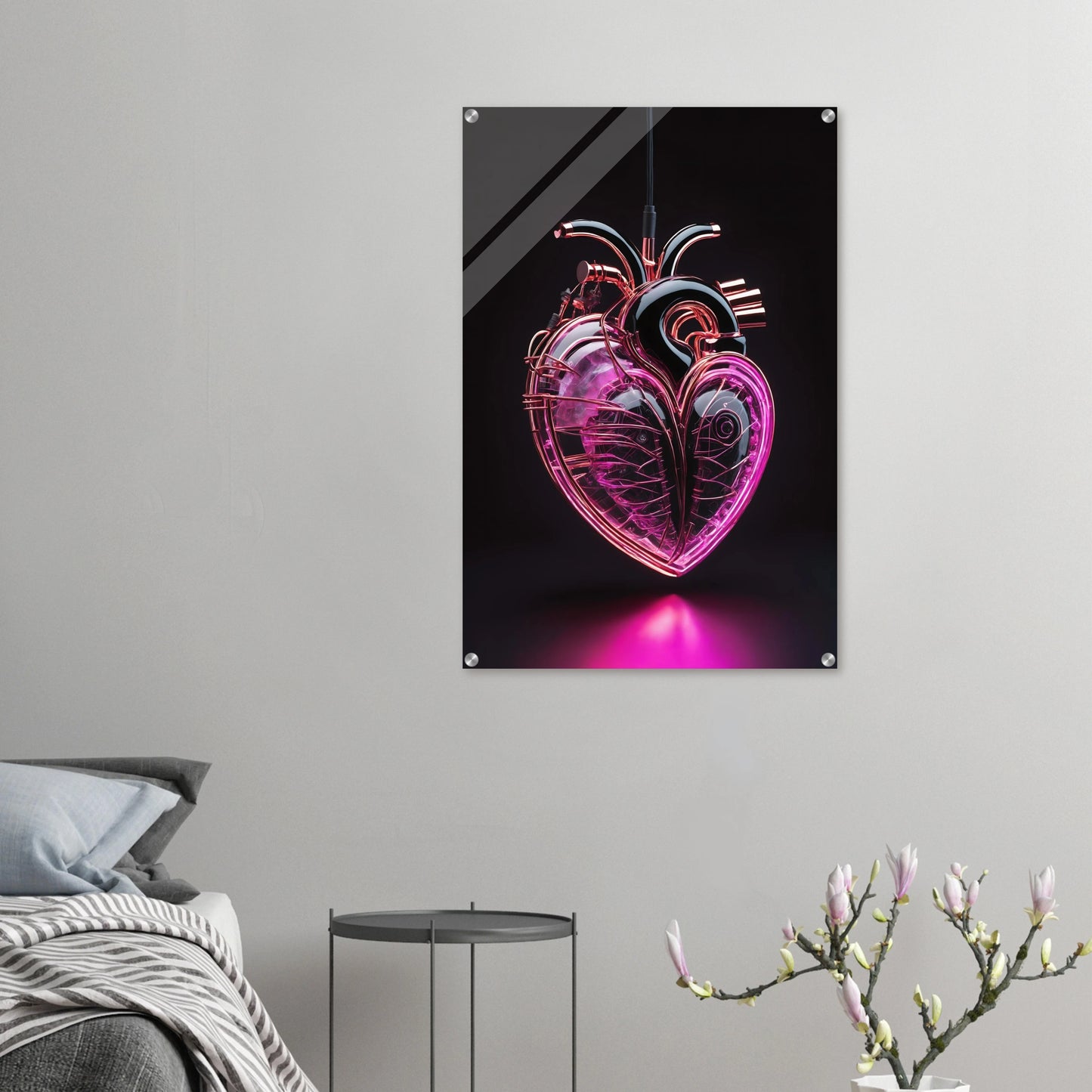 Digitales Kunstwerk eines anatomischen Herzens mit leuchtend pinken Neon-Strukturen und glänzenden schwarzen Oberflächen auf dunklem Grund. 60x90 cm. Acryl