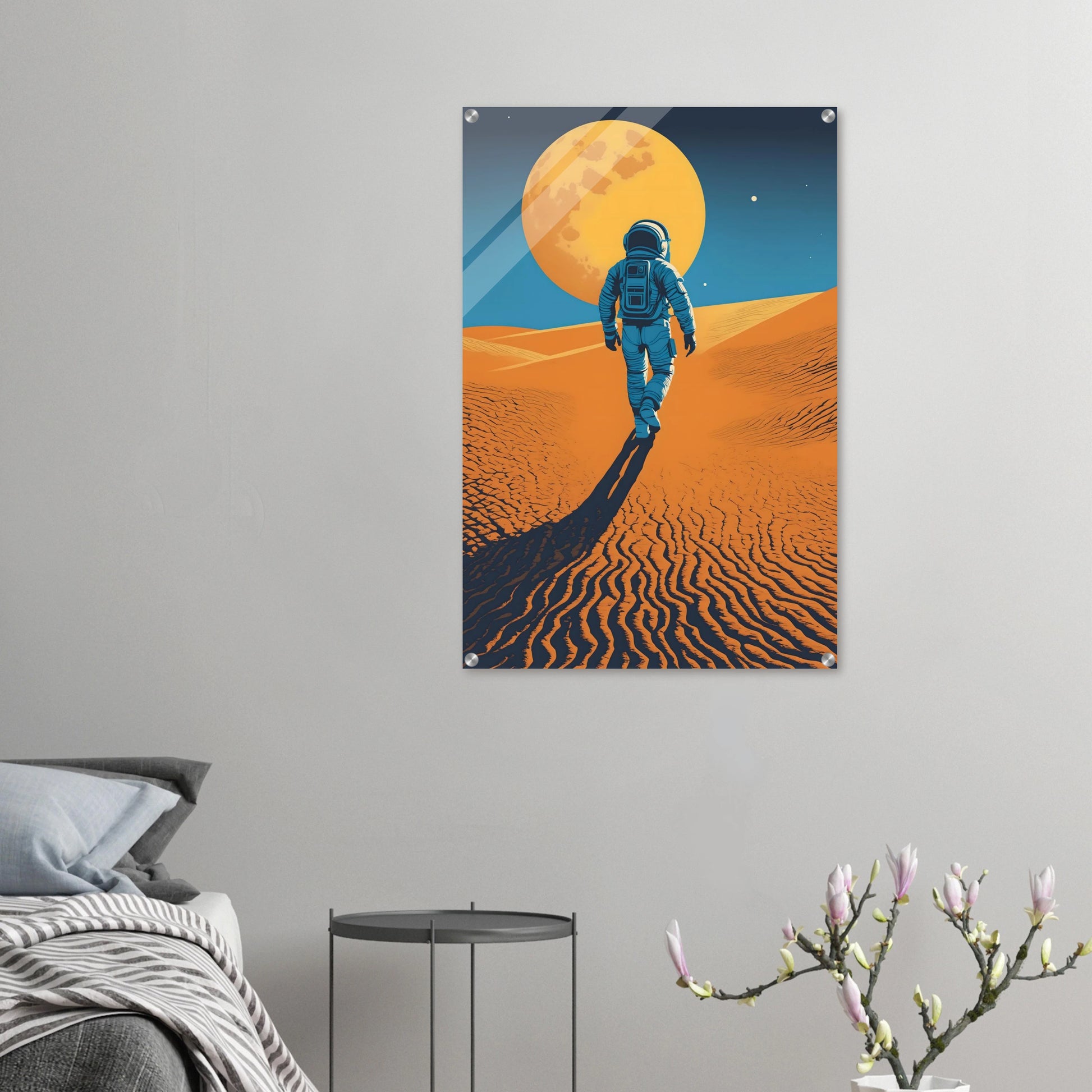 Illustration eines Astronauten, der bei Nacht durch eine orangefarbene Wüstenlandschaft unter einem großen Vollmond wandert. 60x90 cm. Acryl