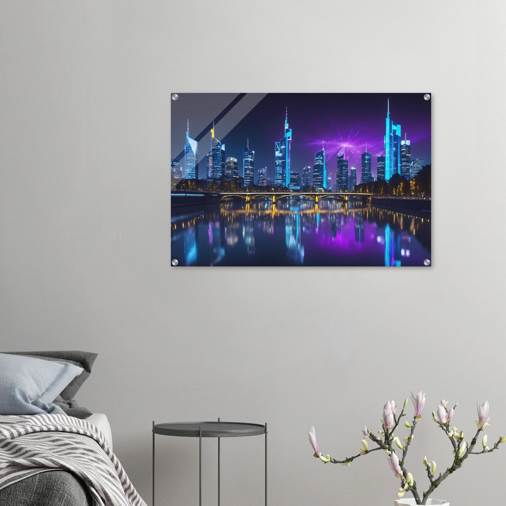 Modernes Wandbild der Frankfurter Skyline bei Nacht mit beleuchteten Wolkenkratzern und violetten Lichteffekten am Himmel. 60x90 cm. Acryl