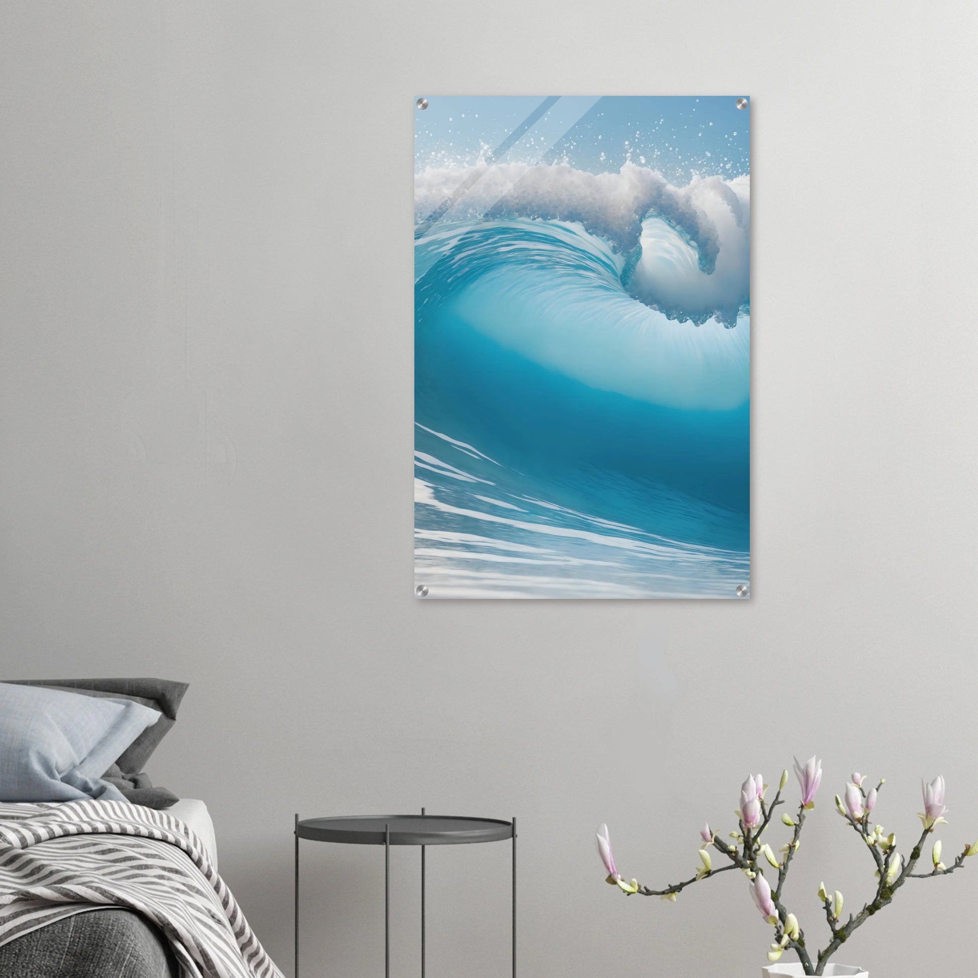 Abstraktes Wandbild einer brechenden Meereswelle in Türkis und Blau mit weißer Gischt. 60x90 cm. Acryl