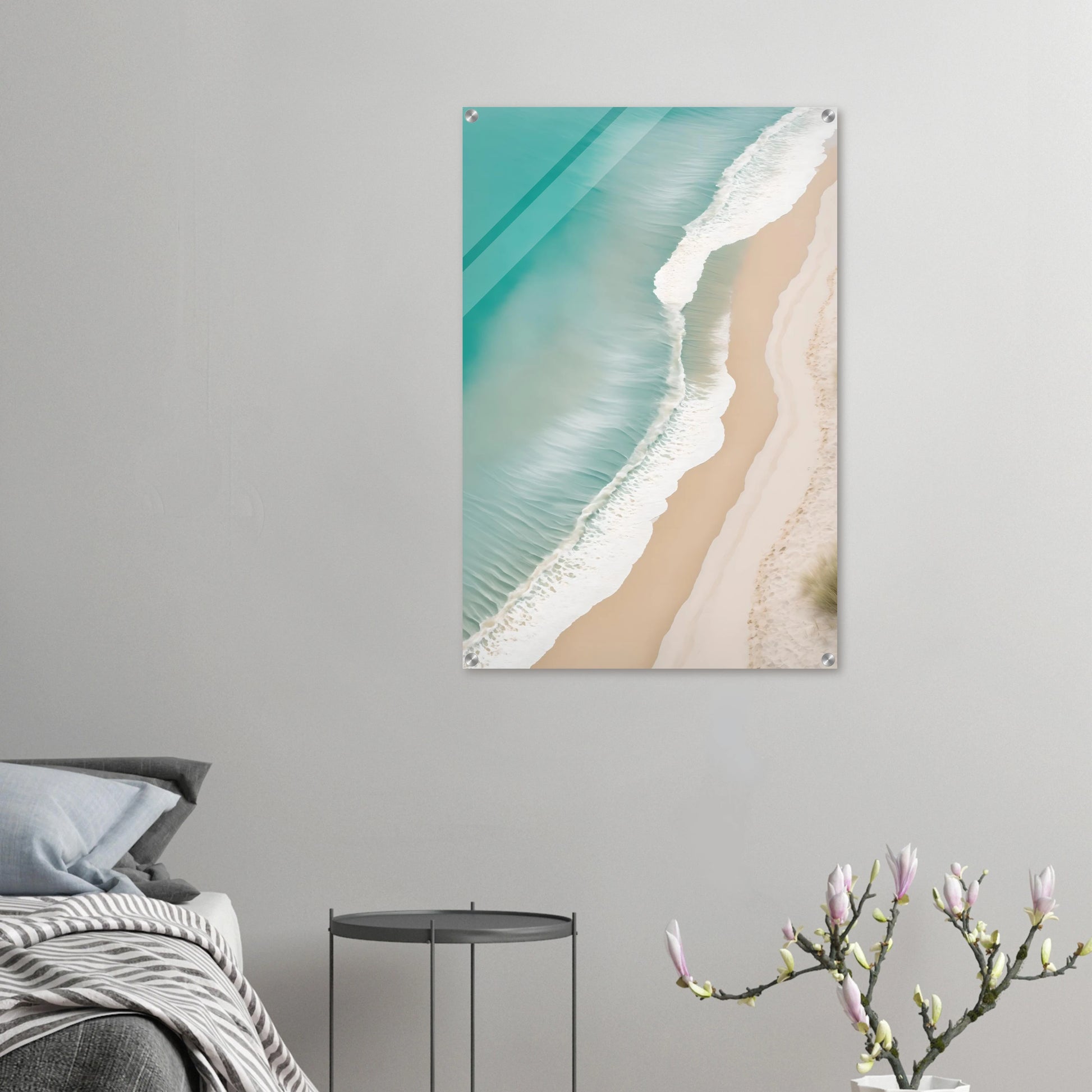 Traumhaftes Strand-Wandbild: Türkisfarbenes Meer und weißer Sand aus der Luftaufnahme. Minimalistisches Küsten-Design für Ihr Zuhause. Jetzt online kaufen! 60x90 cm. Acryl