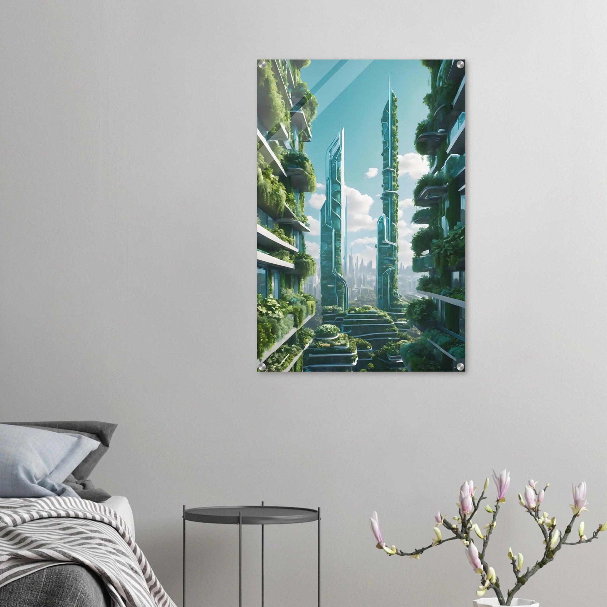 Digitales Kunstwerk einer futuristischen Stadt mit extrem hohen, schlanken Wolkenkratzern, die über und über mit grünen Pflanzen bewachsen sind. 60x90 cm. Acryl