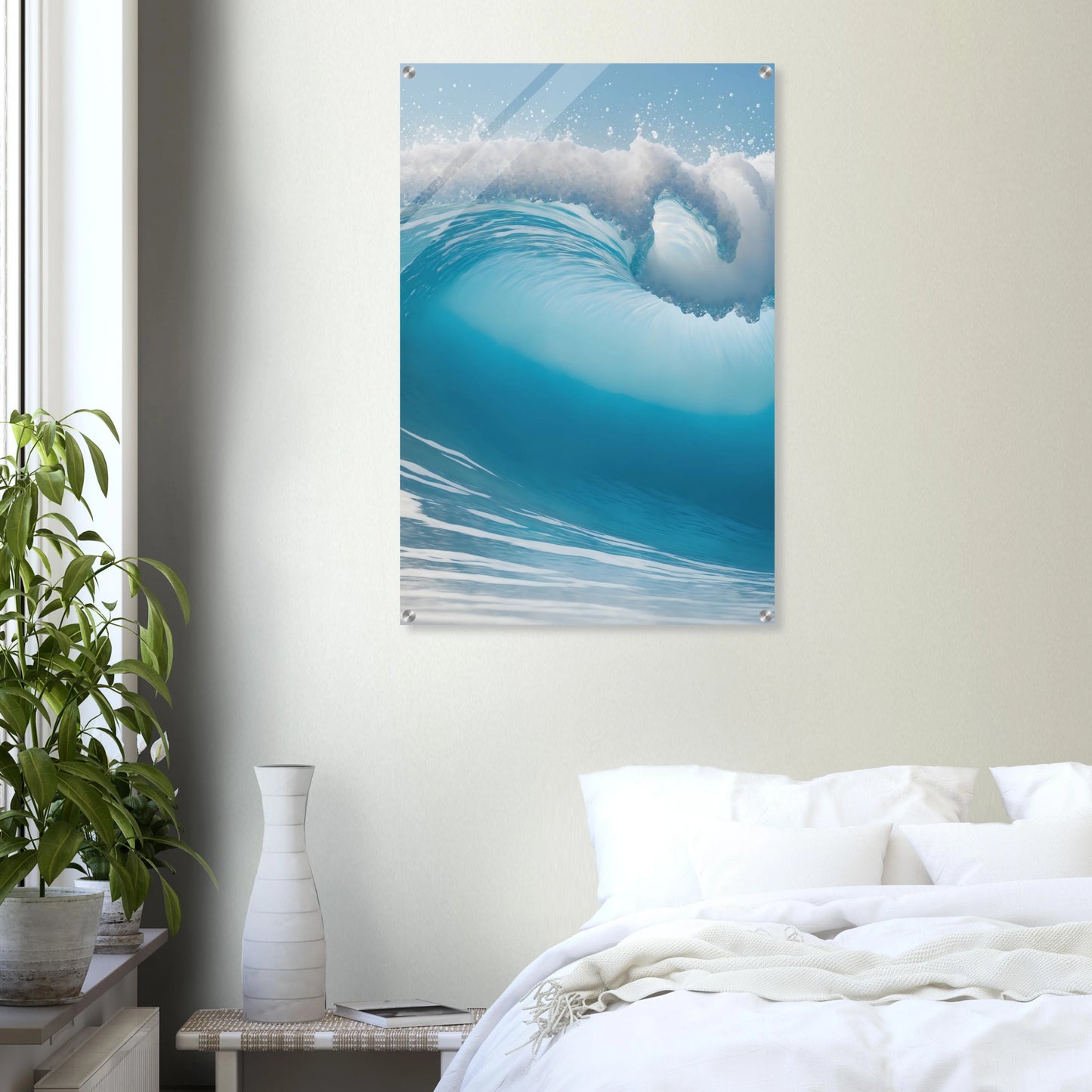 Abstraktes Wandbild einer brechenden Meereswelle in Türkis und Blau mit weißer Gischt. 60x90 cm. Acryl