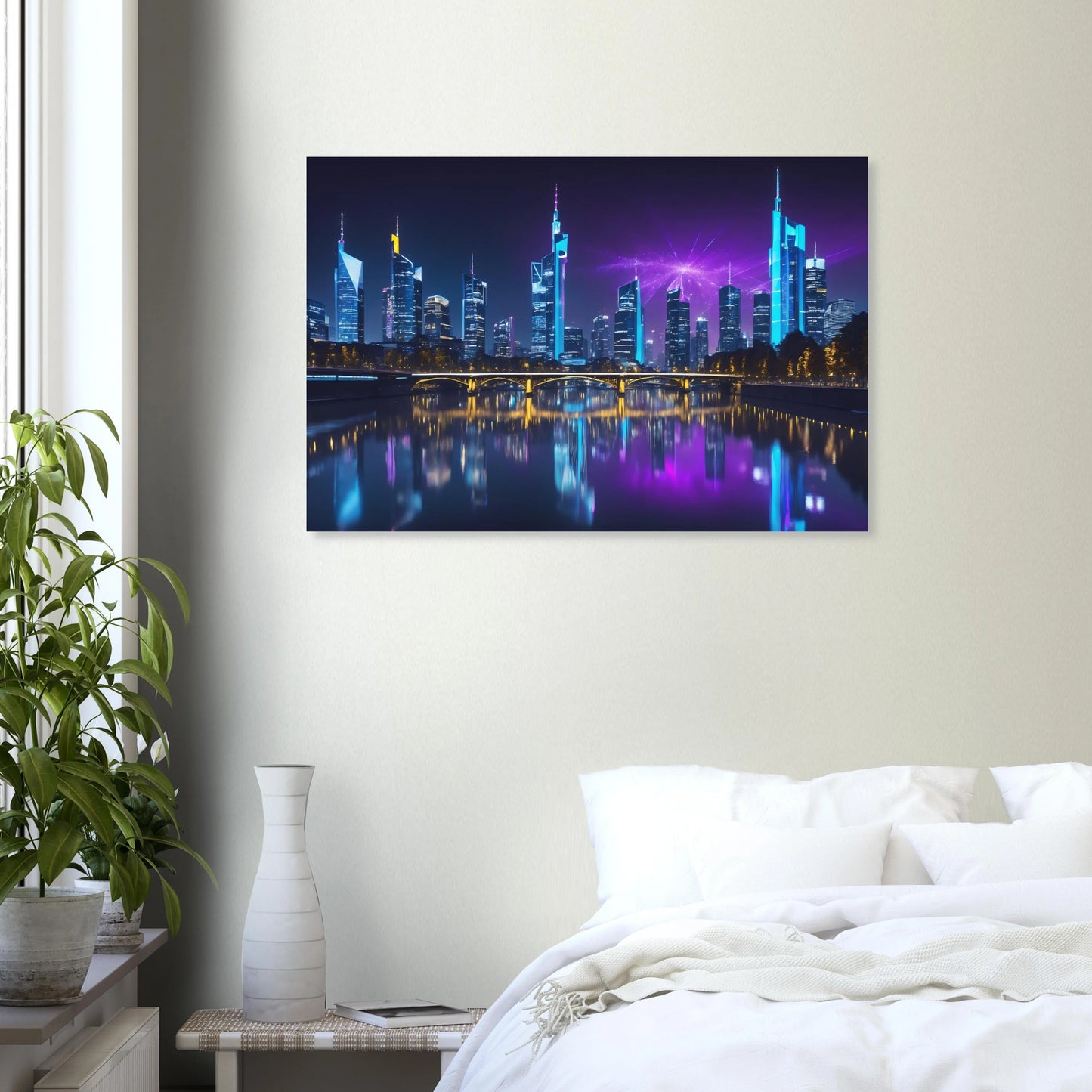 Modernes Wandbild der Frankfurter Skyline bei Nacht mit beleuchteten Wolkenkratzern und violetten Lichteffekten am Himmel. 60x90 cm. Dibond