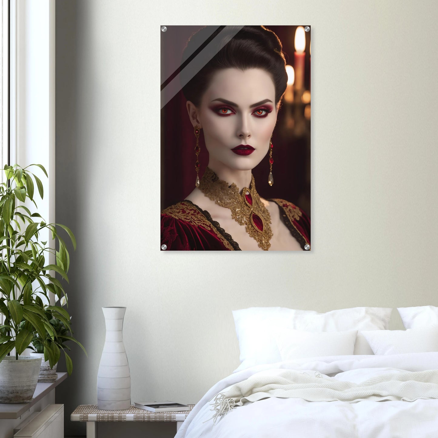 Digitales Porträt einer Frau im Gothic-Stil mit rot leuchtenden Augen, dunklem Haar und opulentem gold-rotem Halsschmuck. 60x90 cm. Acryl