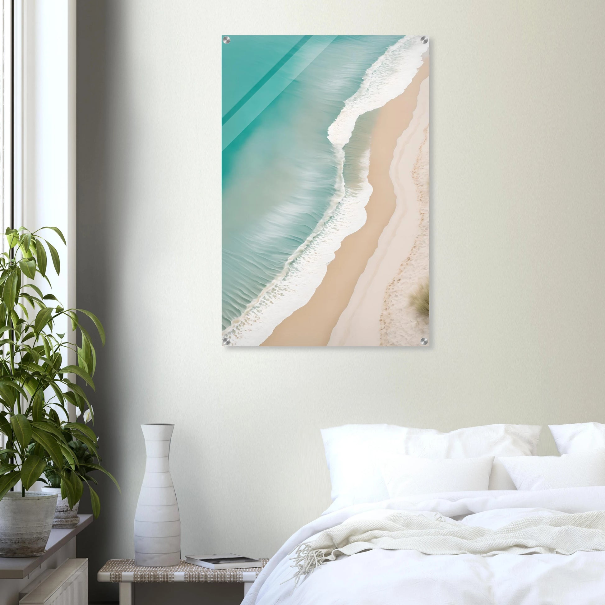 Traumhaftes Strand-Wandbild: Türkisfarbenes Meer und weißer Sand aus der Luftaufnahme. Minimalistisches Küsten-Design für Ihr Zuhause. Jetzt online kaufen! 60x90 cm. Acryl