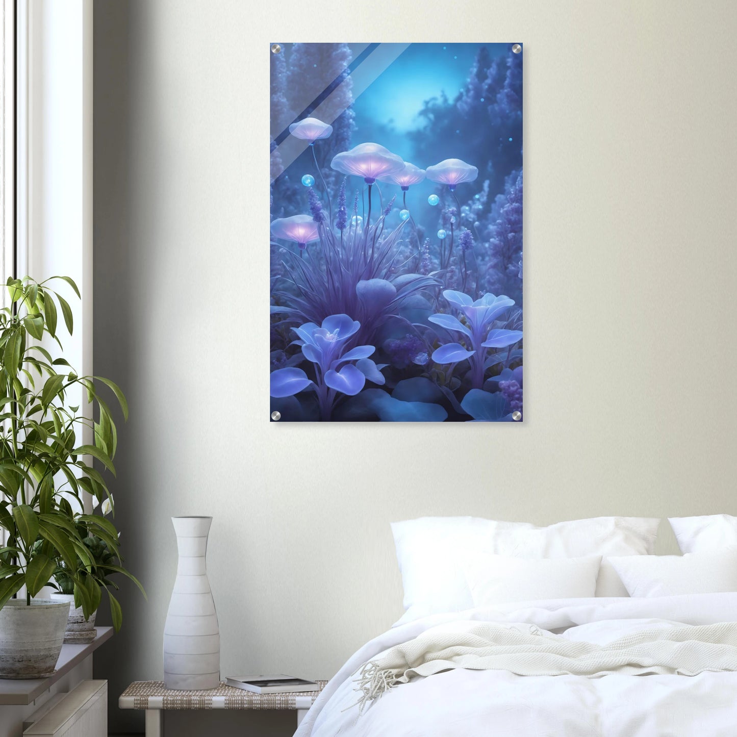 Digitales Kunstwerk einer fantastischen Waldlandschaft mit biolumineszenten, blau leuchtenden Pilzen und Blumen in sanftem Licht. 60x90 cm. Acryl