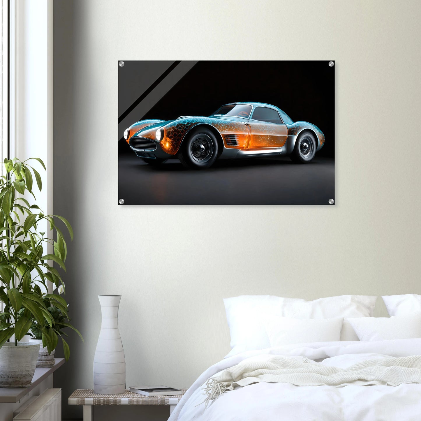 Digitales Kunstwerk eines klassischen Sportwagens mit einer transparenten, bernsteinfarbenen Karosserie und blauen Lichtreflexen. 60x90 cm. Acryl