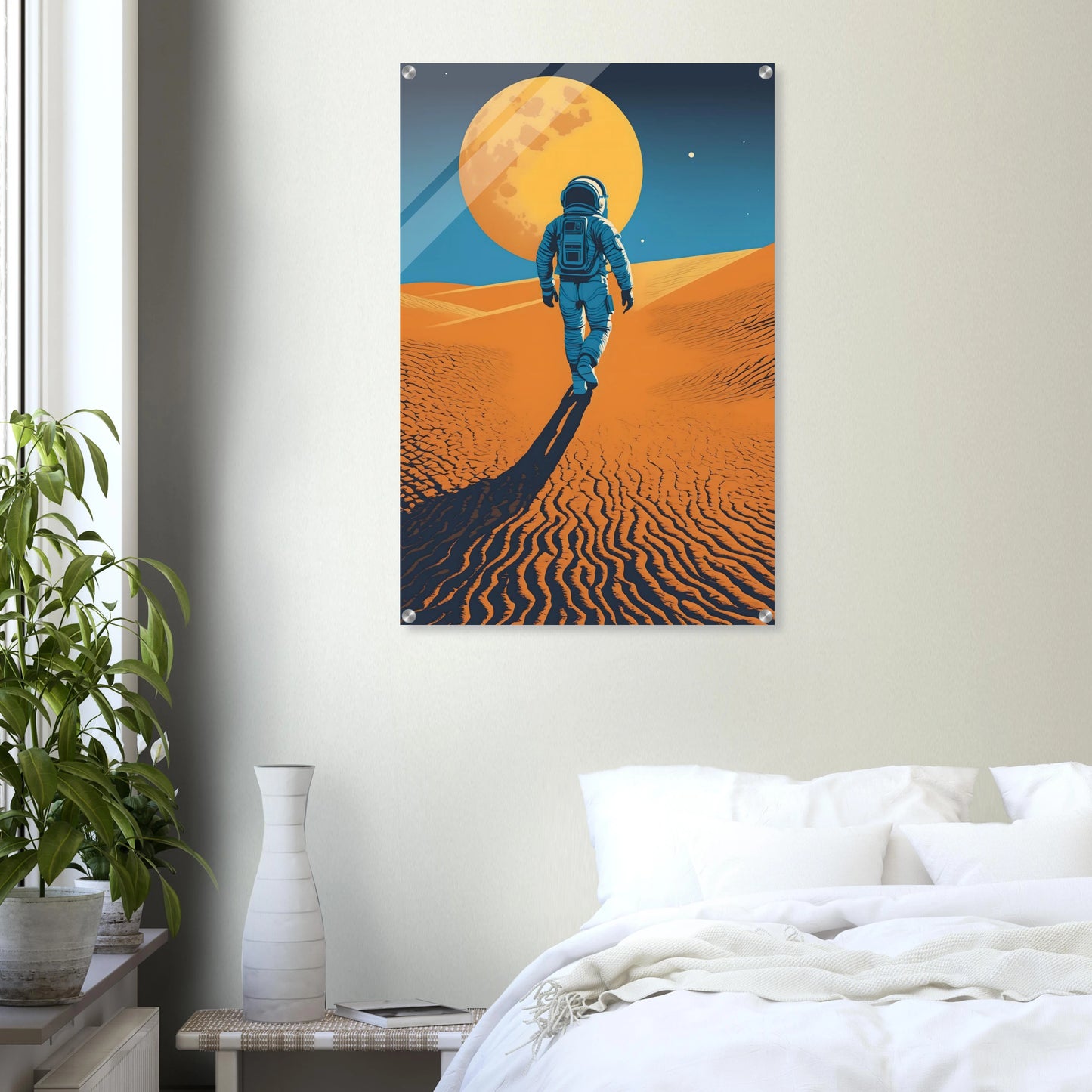 Illustration eines Astronauten, der bei Nacht durch eine orangefarbene Wüstenlandschaft unter einem großen Vollmond wandert. 60x90 cm. Acryl