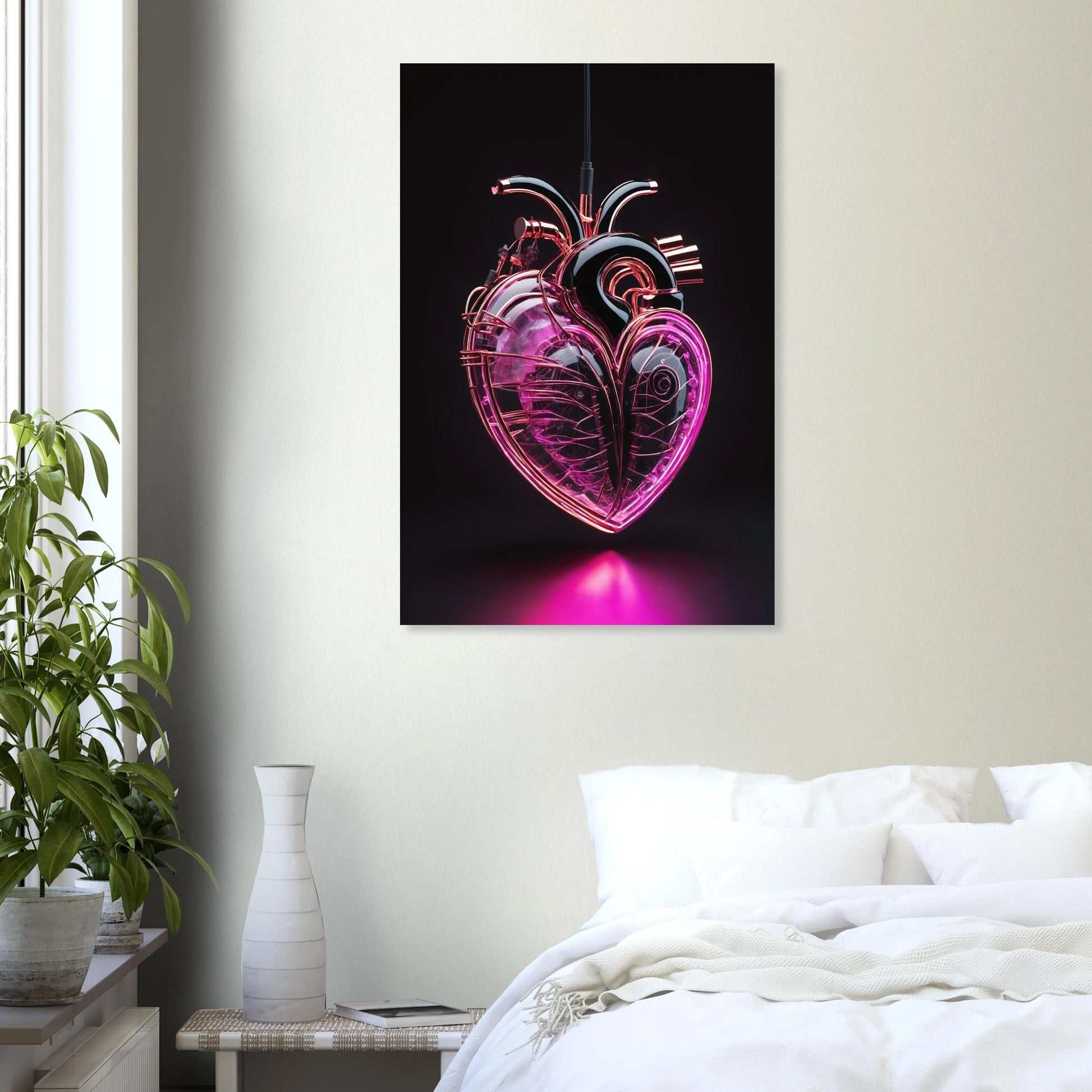 Digitales Kunstwerk eines anatomischen Herzens mit leuchtend pinken Neon-Strukturen und glänzenden schwarzen Oberflächen auf dunklem Grund. 60x90 cm. Dibond