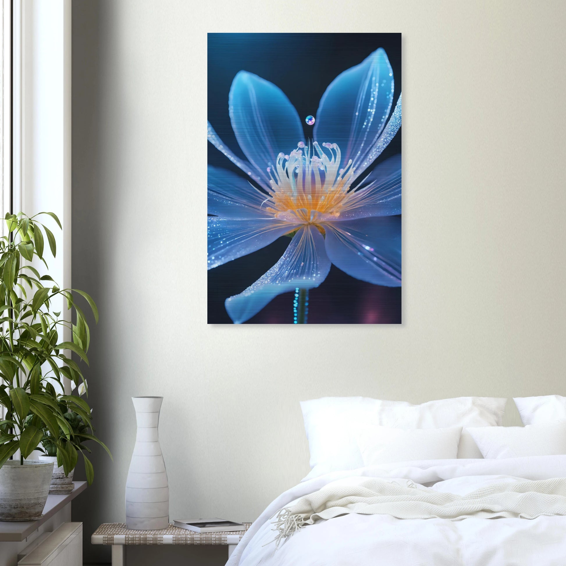 Digitales Wandbild einer blau leuchtenden Blüte mit goldenem Kern und schimmernden Lichtpartikeln auf dunklem Grund. 60x90 cm. Brushed