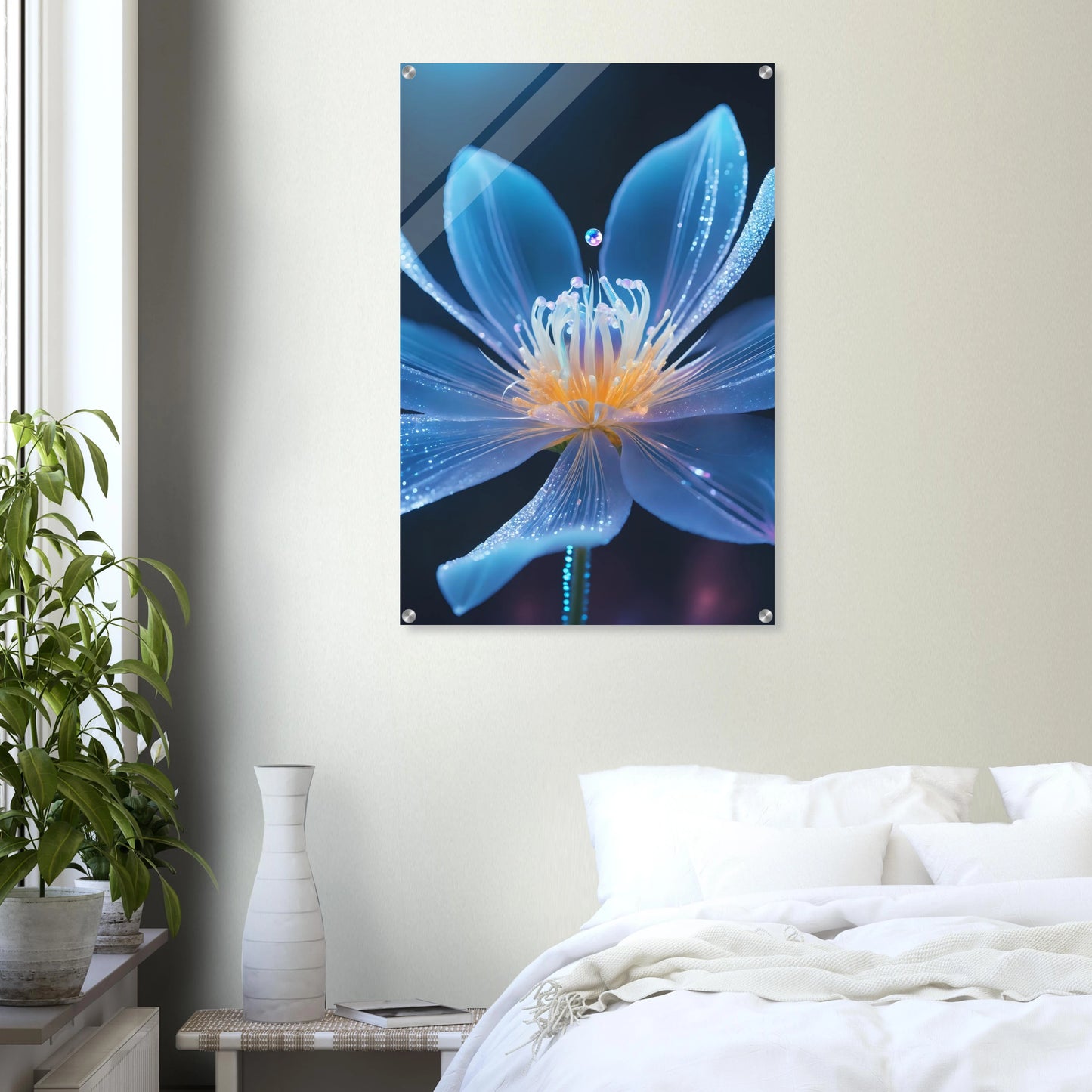 Digitales Wandbild einer blau leuchtenden Blüte mit goldenem Kern und schimmernden Lichtpartikeln auf dunklem Grund. 60x90 cm. Acryl