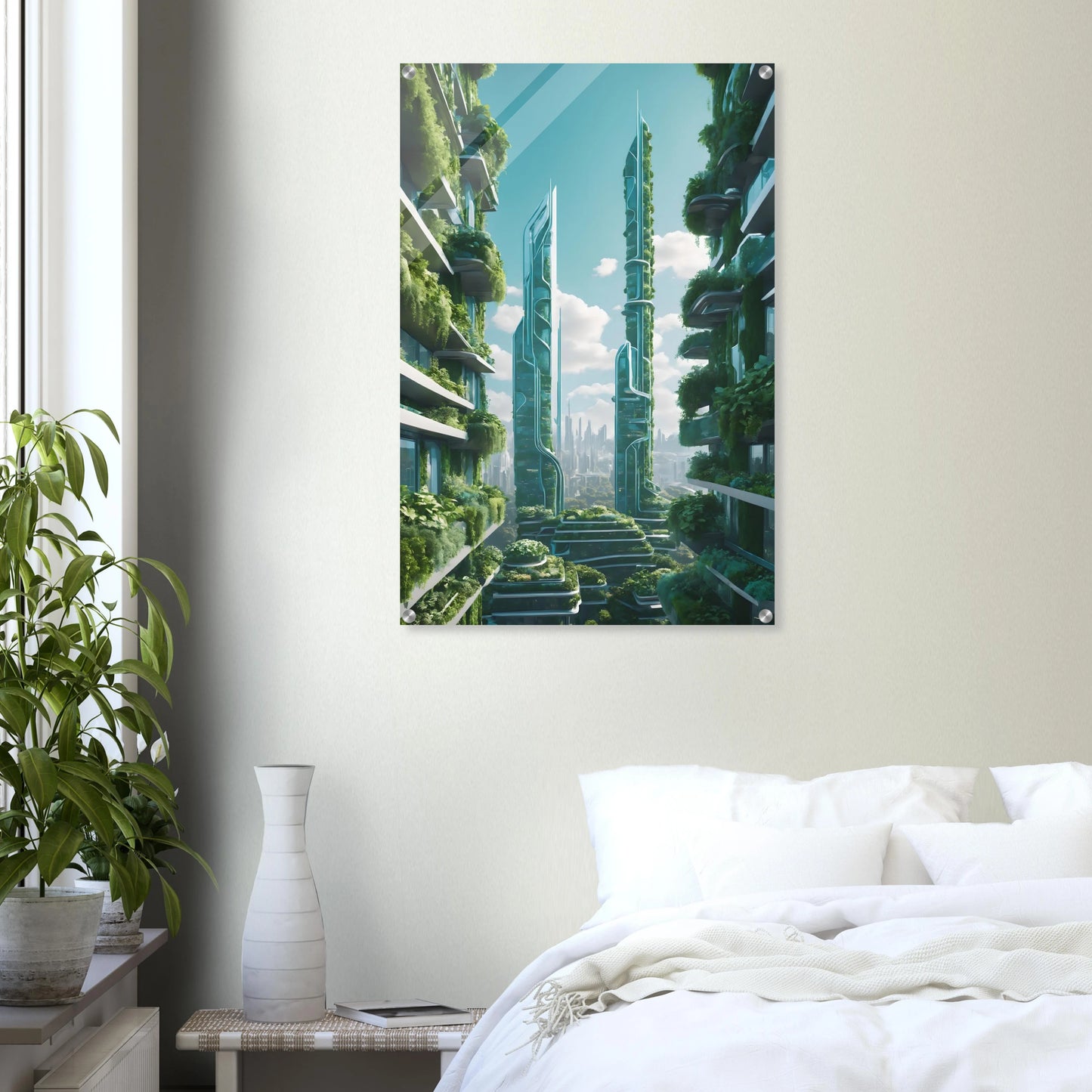 Digitales Kunstwerk einer futuristischen Stadt mit extrem hohen, schlanken Wolkenkratzern, die über und über mit grünen Pflanzen bewachsen sind. 60x90 cm. Acryl