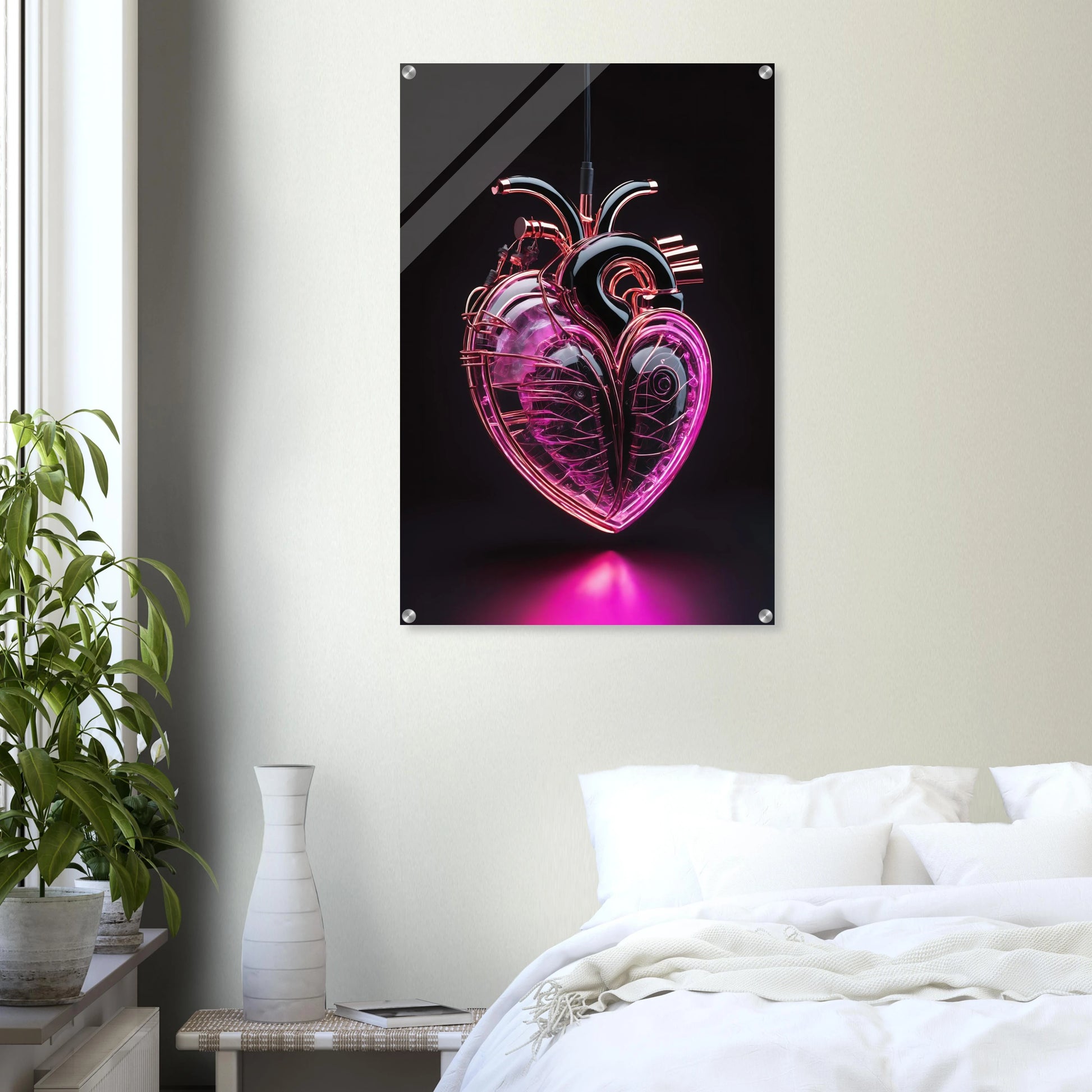 Digitales Kunstwerk eines anatomischen Herzens mit leuchtend pinken Neon-Strukturen und glänzenden schwarzen Oberflächen auf dunklem Grund. 60x90 cm. Acryl