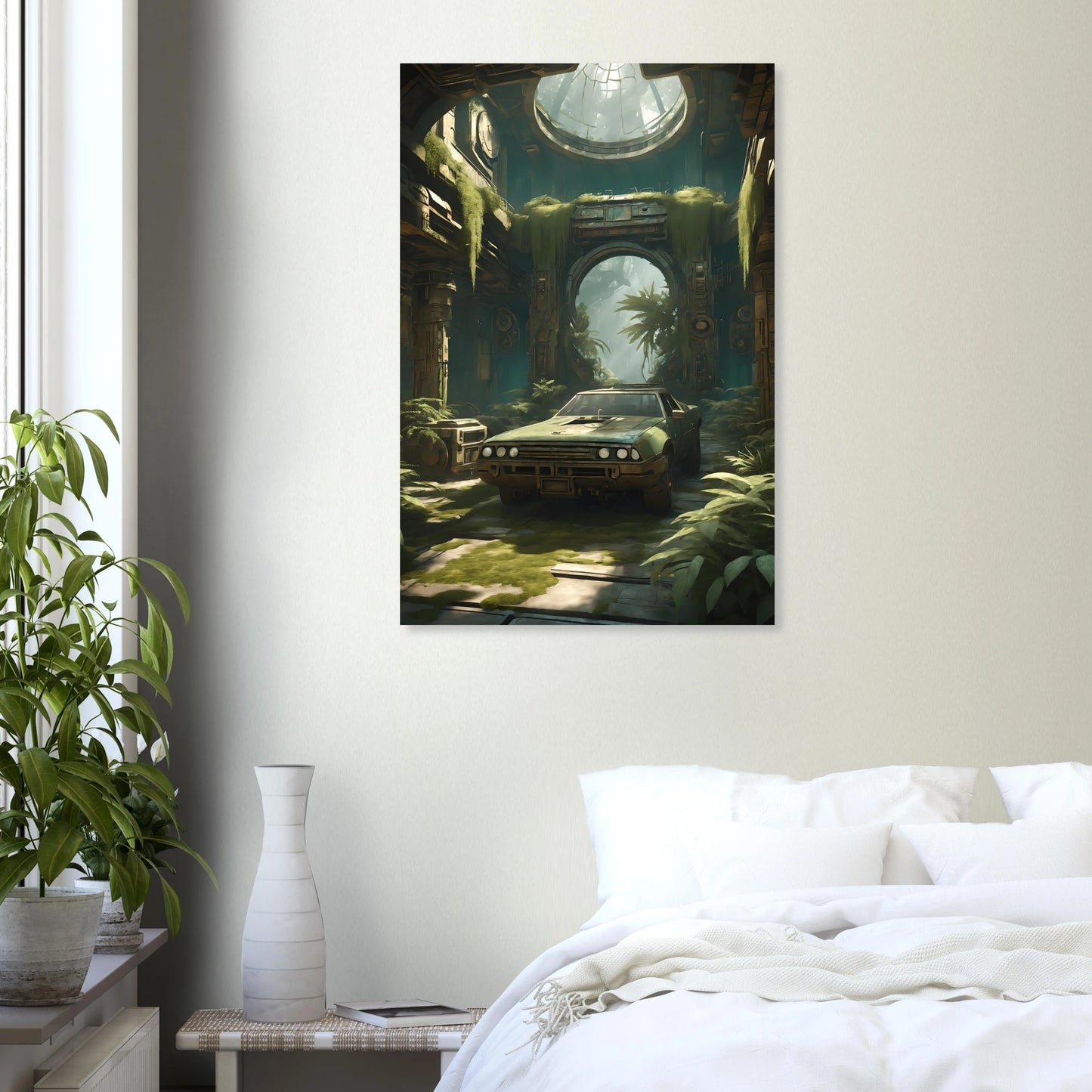 Digitales Kunstwerk eines alten, grünen Autos in einer großen, von Pflanzen und Moos bewachsenen Tempel-Ruine mit Lichteinfall von oben. 60x90 cm. Dibond