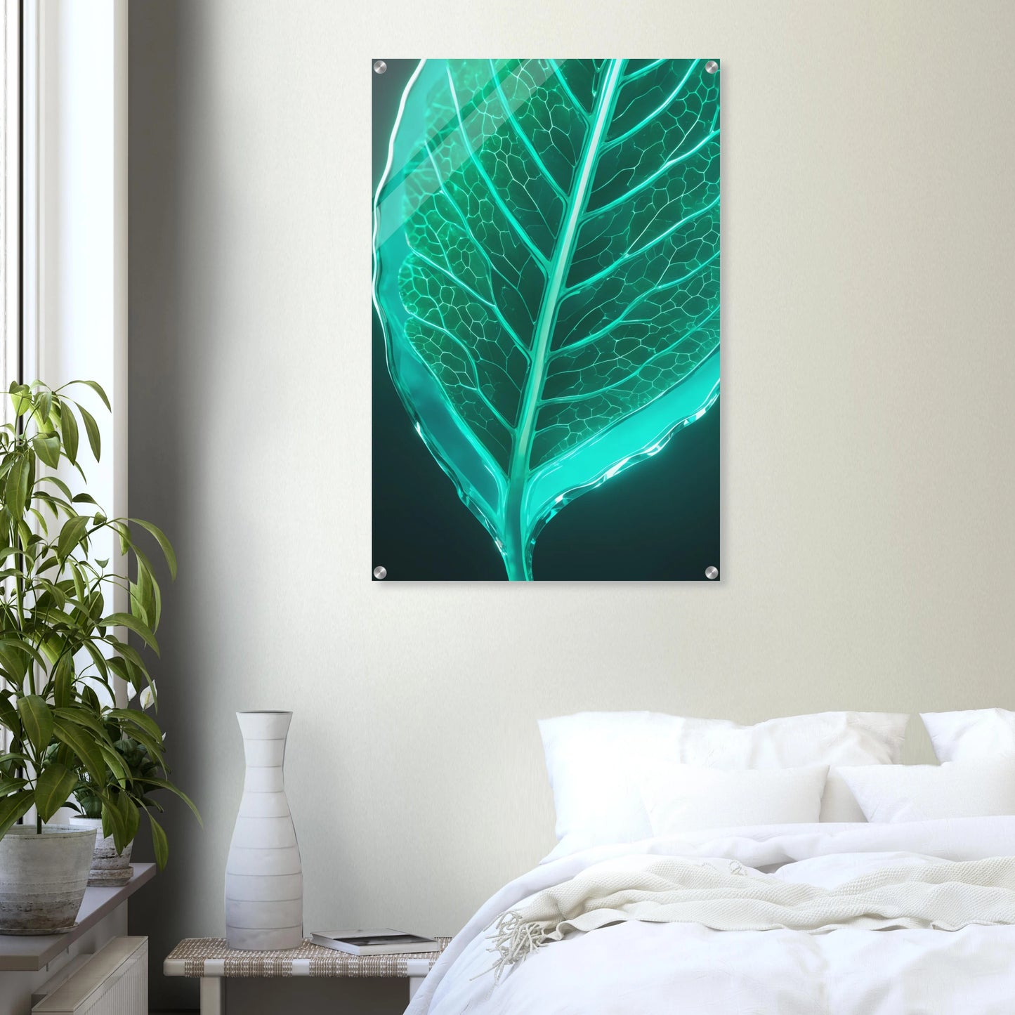Modernes Wandbild eines leuchtenden, türkisfarbenen Blattes in transparenter Glas-Optik mit sichtbaren Blattadern. 60x90 cm. Acryl