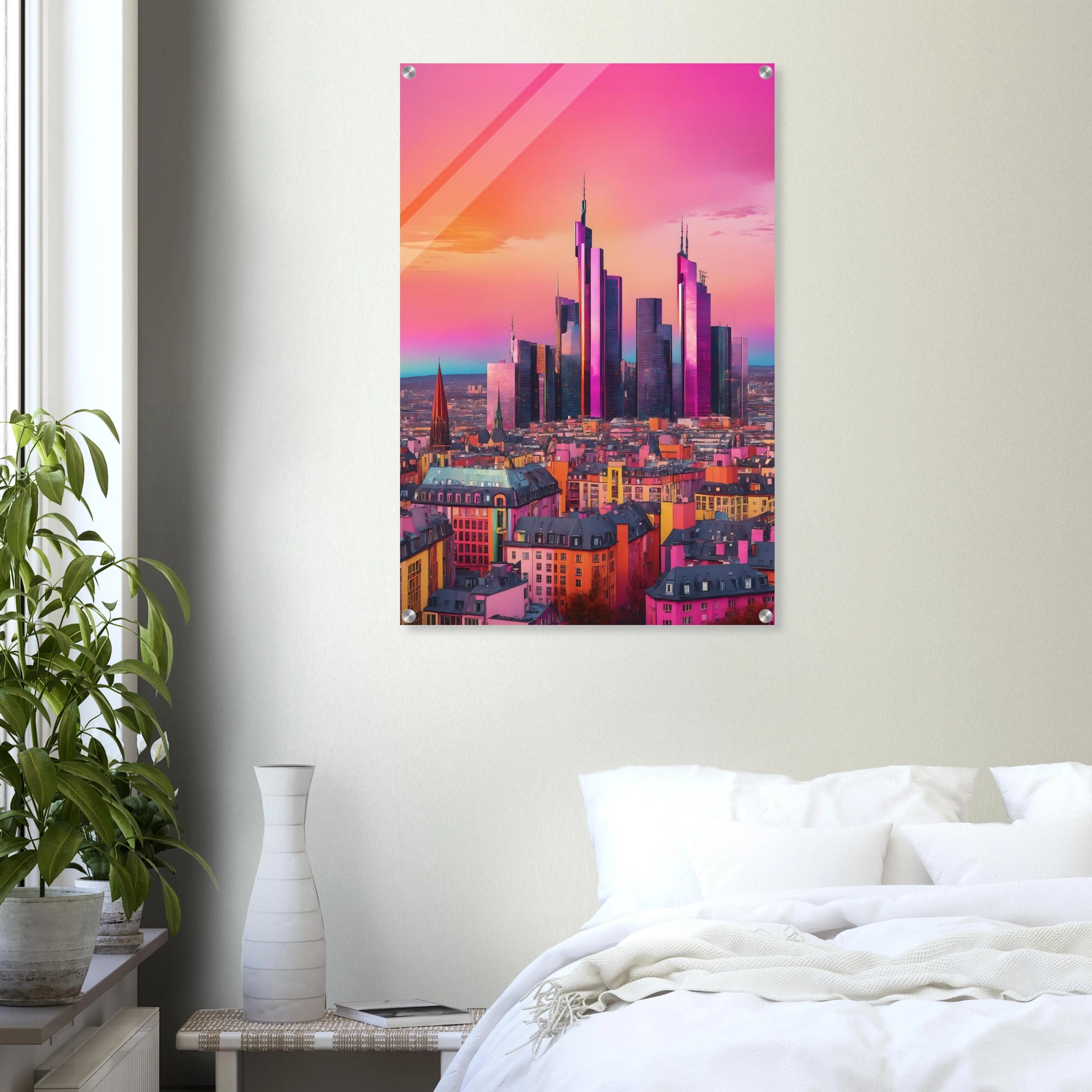 Buntes Wandbild der Frankfurter Skyline in intensiven Pink- und Violetttönen im modernen Pop-Art-Illustrationsstil. 60x90 cm. Acryl