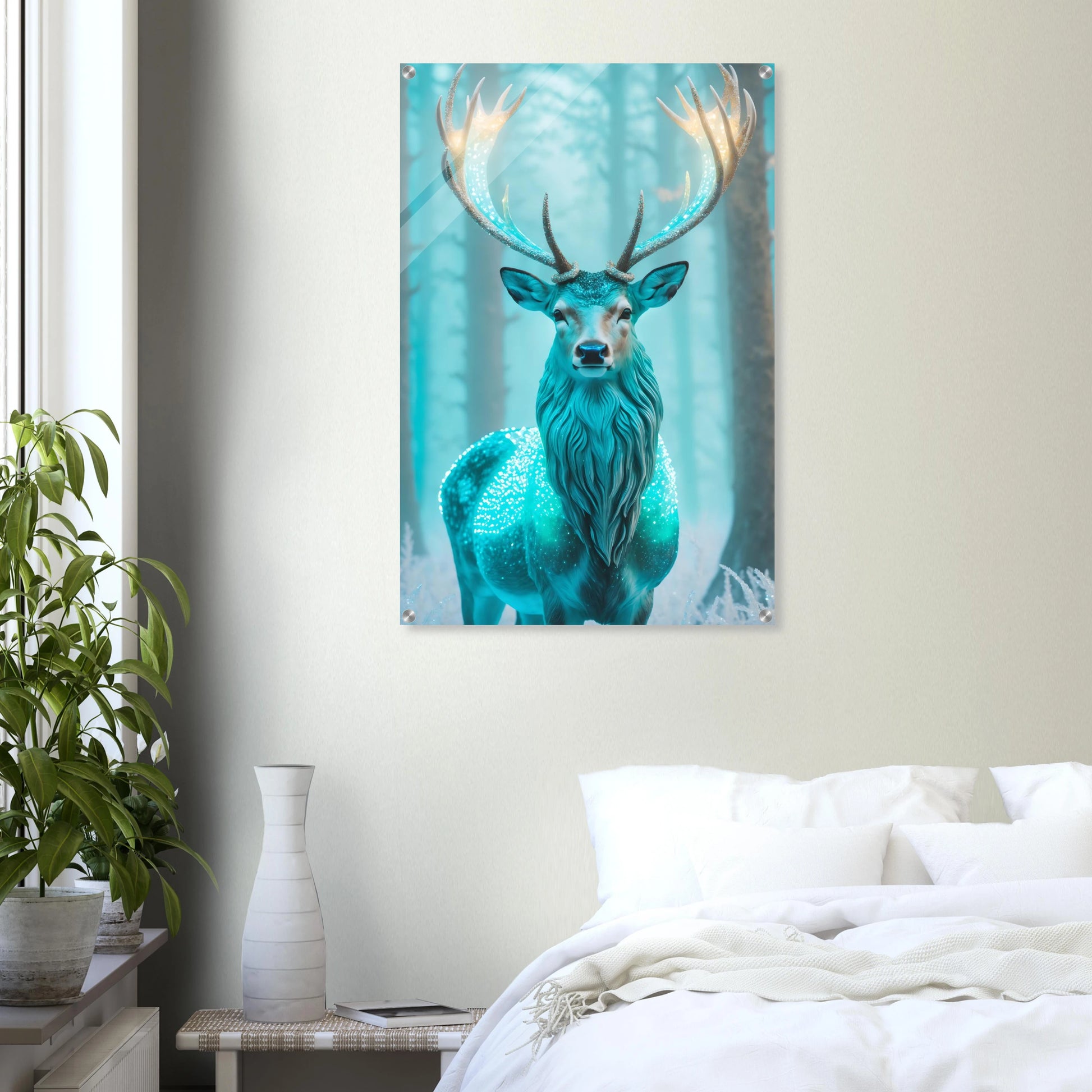 Digitales Kunstwerk eines Hirsches mit einem hell leuchtenden, kristallinen Geweih in einem nebligen blauen Winterwald. 60x90 cm. Acryl