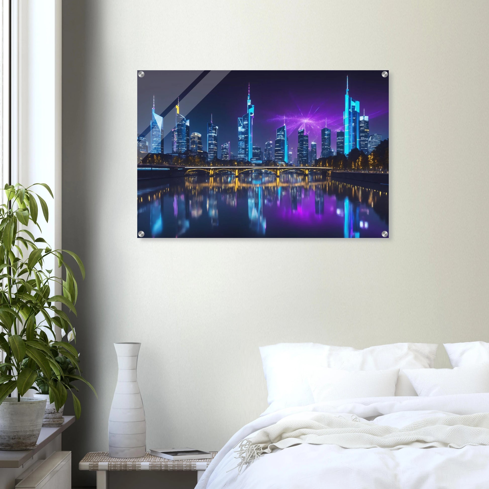 Modernes Wandbild der Frankfurter Skyline bei Nacht mit beleuchteten Wolkenkratzern und violetten Lichteffekten am Himmel. 60x90 cm. Acryl