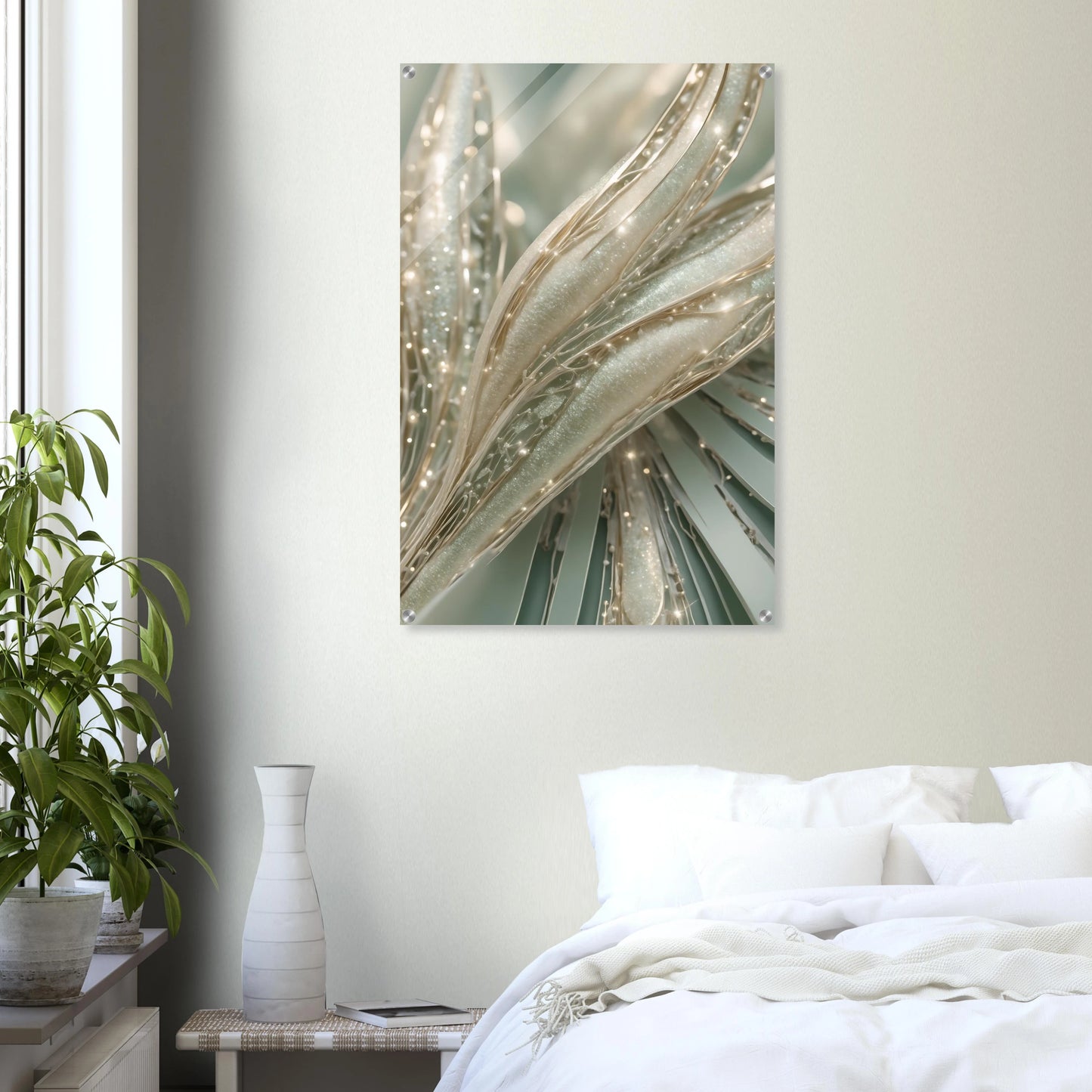 Abstraktes Kunstwerk mit organischen, cremefarbenen Strukturen, glitzernden Kristalldetails und weißen Perlen. 60x90 cm. Acryl