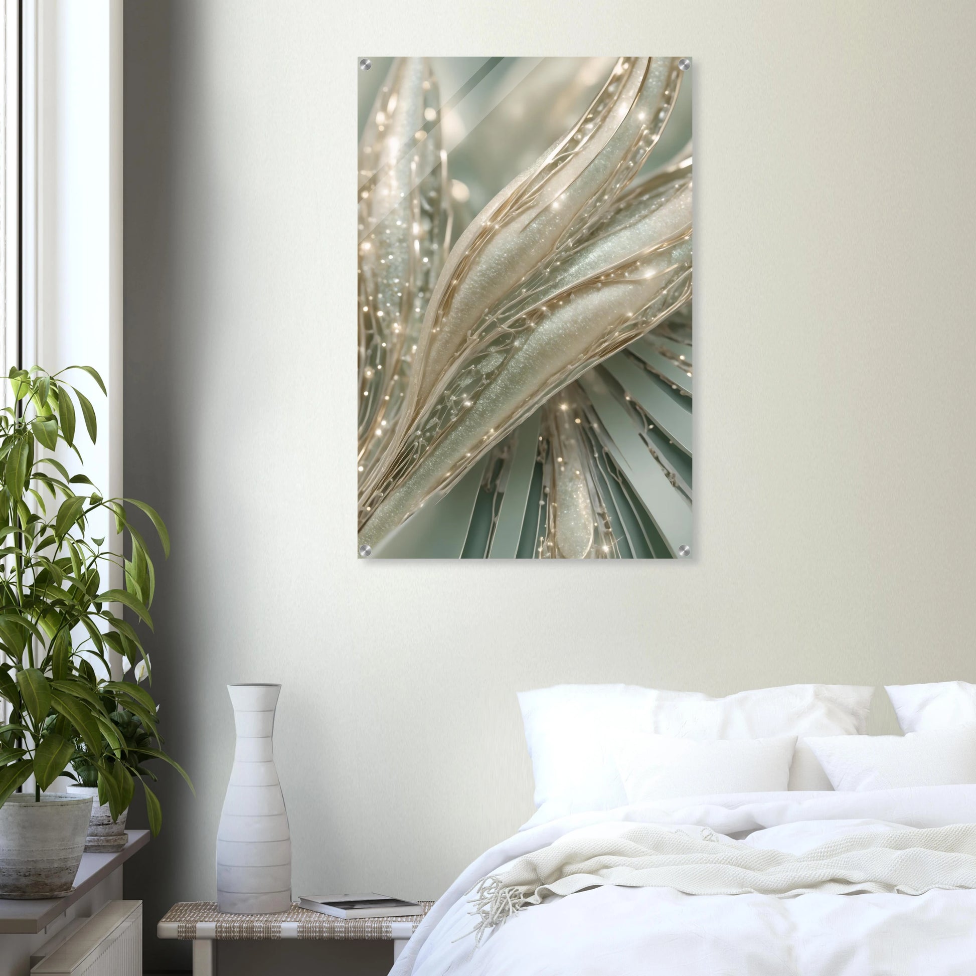 Abstraktes Kunstwerk mit organischen, cremefarbenen Strukturen, glitzernden Kristalldetails und weißen Perlen. 60x90 cm. Acryl