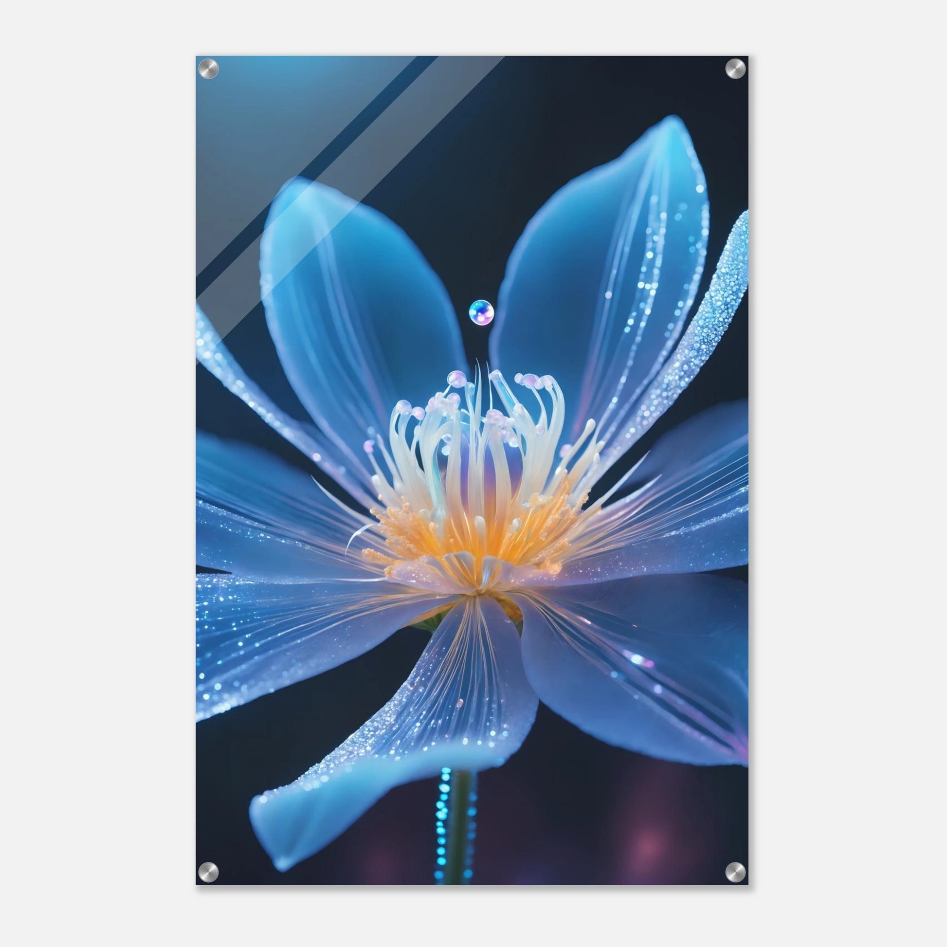 Digitales Wandbild einer blau leuchtenden Blüte mit goldenem Kern und schimmernden Lichtpartikeln auf dunklem Grund. 60x90 cm. Acryl