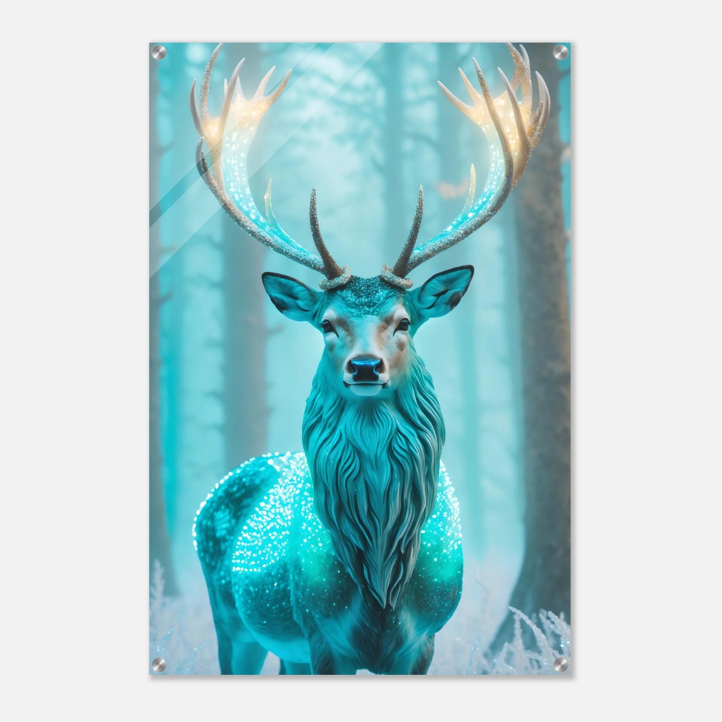 Digitales Kunstwerk eines Hirsches mit einem hell leuchtenden, kristallinen Geweih in einem nebligen blauen Winterwald. 60x90 cm. Acryl