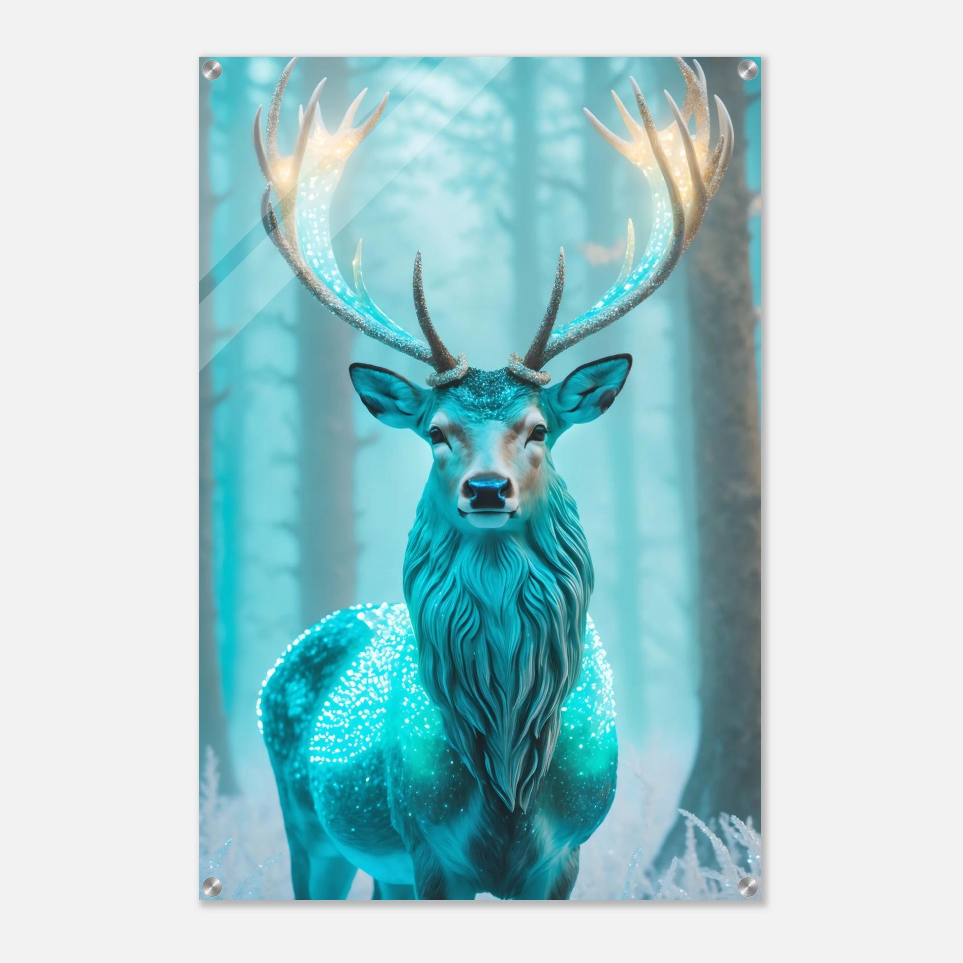 Digitales Kunstwerk eines Hirsches mit einem hell leuchtenden, kristallinen Geweih in einem nebligen blauen Winterwald. 60x90 cm. Acryl
