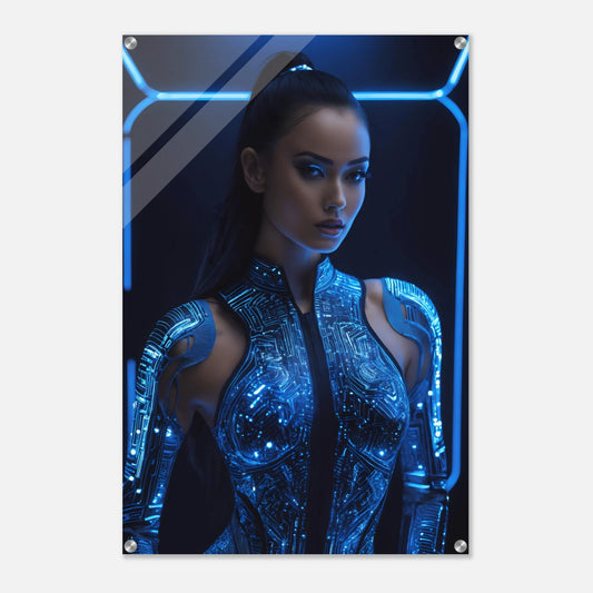 Digitales Porträt einer Frau in einem futuristischen, blau leuchtenden Kybernetik-Anzug vor einem dunklen Hintergrund mit Neon-Rahmen. 60x90 cm. Acryl