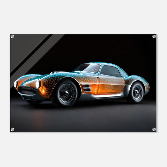 Digitales Kunstwerk eines klassischen Sportwagens mit einer transparenten, bernsteinfarbenen Karosserie und blauen Lichtreflexen. 60x90 cm. Acryl
