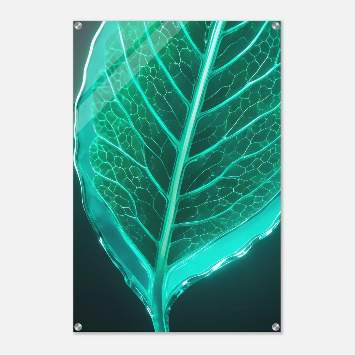 Modernes Wandbild eines leuchtenden, türkisfarbenen Blattes in transparenter Glas-Optik mit sichtbaren Blattadern. 60x90 cm. Acryl