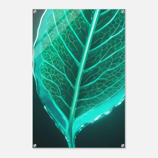 Modernes Wandbild eines leuchtenden, türkisfarbenen Blattes in transparenter Glas-Optik mit sichtbaren Blattadern. 60x90 cm. Acryl