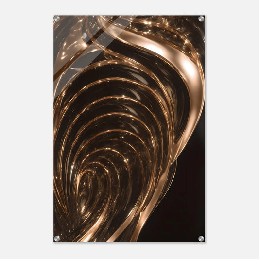 Abstraktes Kunstwerk mit fließenden, gold-glänzenden Wirbeln und funkelnden Lichtreflexen auf dunklem Hintergrund. 60x90 cm. Acryl