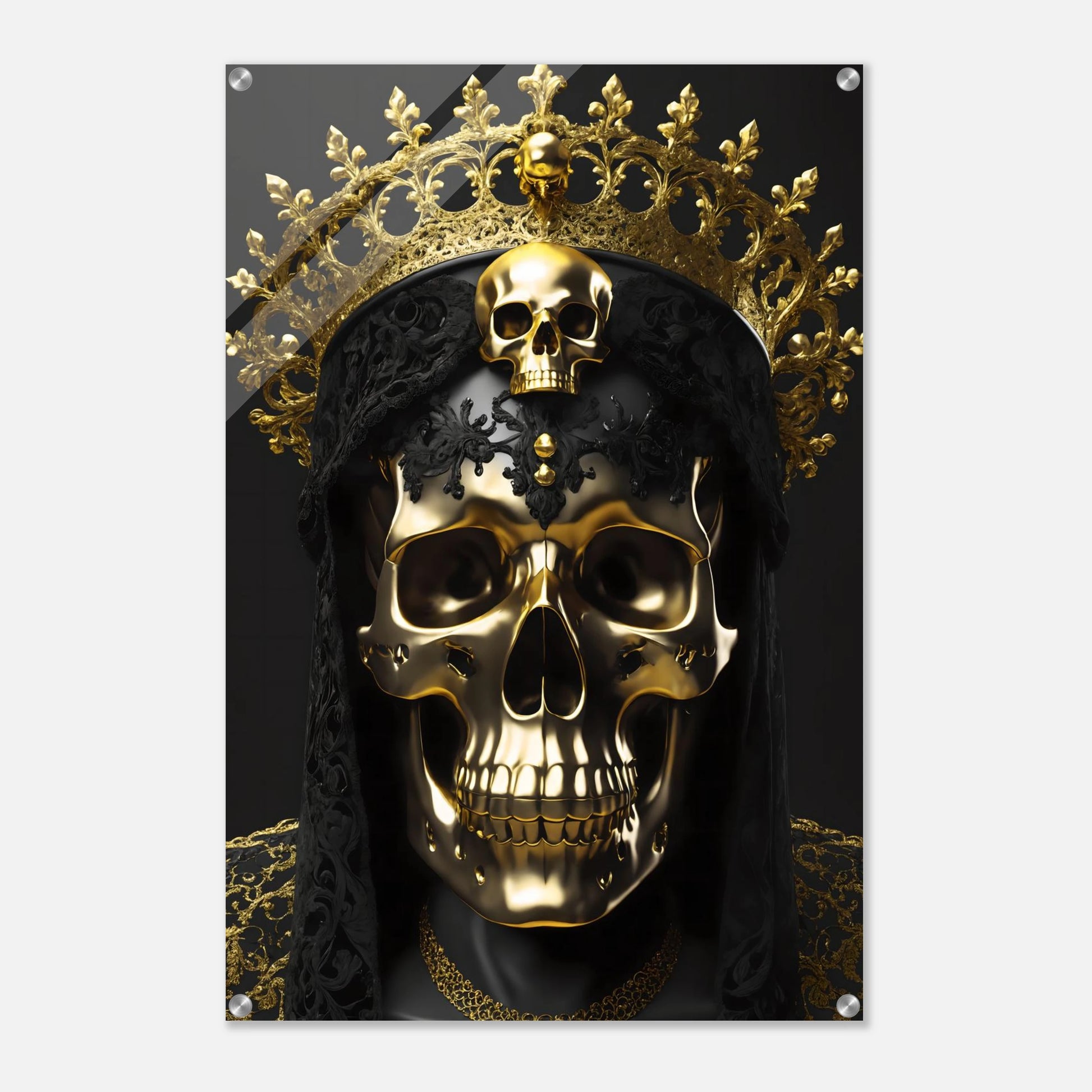 Modernes Wandbild eines golden glänzenden Schädels mit einer großen, filigranen Goldkrone vor dunklem Hintergrund. 60x90 cm. Acryl