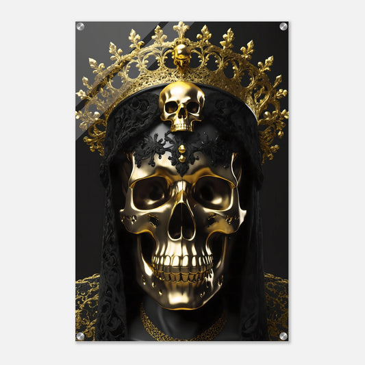 Modernes Wandbild eines golden glänzenden Schädels mit einer großen, filigranen Goldkrone vor dunklem Hintergrund. 60x90 cm. Acryl