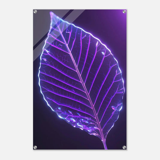 Nahaufnahme eines transparenten Blattes mit leuchtenden, violetten und blauen Adern vor einem dunklen Hintergrund. 60x90 cm. Acryl