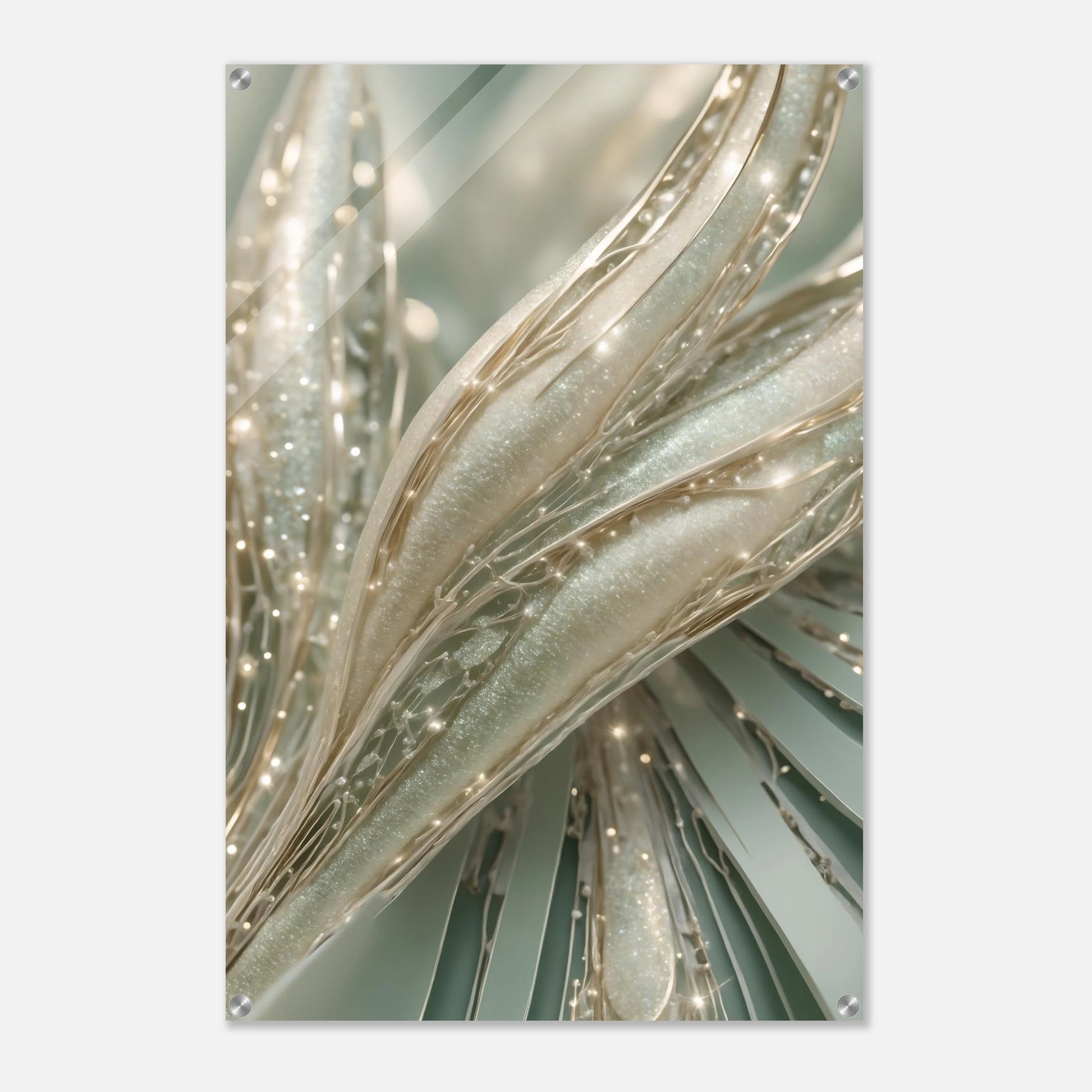 Abstraktes Kunstwerk mit organischen, cremefarbenen Strukturen, glitzernden Kristalldetails und weißen Perlen. 60x90 cm. Acryl