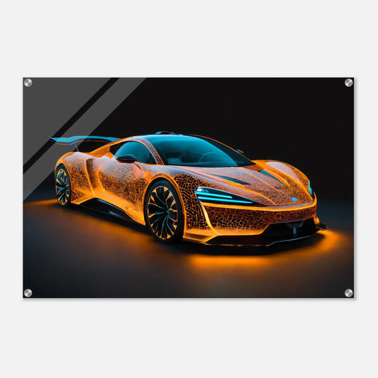 Modernes Wandbild eines aerodynamischen Sportwagens mit einer leuchtend orangefarbenen, netzartigen Struktur auf der Karosserie vor dunklem Hintergrund. 60x90 cm. Acryl