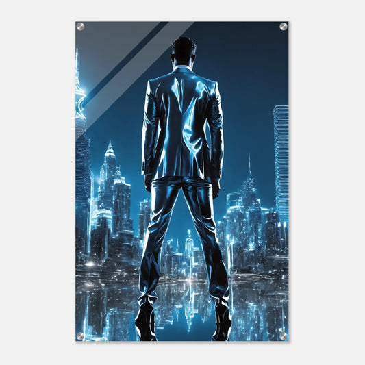 Digitales Kunstwerk eines Mannes von hinten in einem glänzenden blauen Anzug, der auf eine leuchtende futuristische Stadt-Skyline blickt. 60x90 cm. Acryl