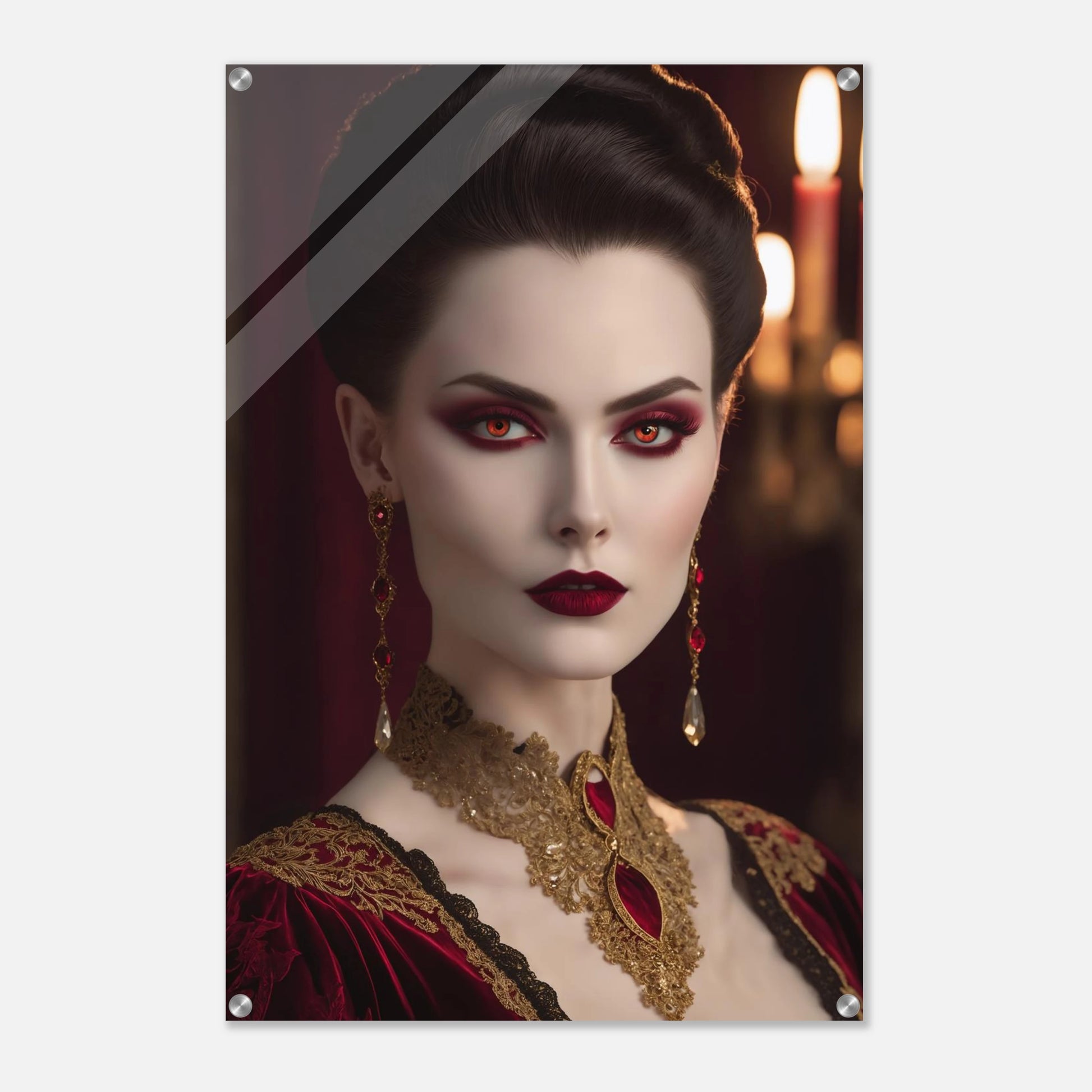 Digitales Porträt einer Frau im Gothic-Stil mit rot leuchtenden Augen, dunklem Haar und opulentem gold-rotem Halsschmuck. 60x90 cm. Acryl