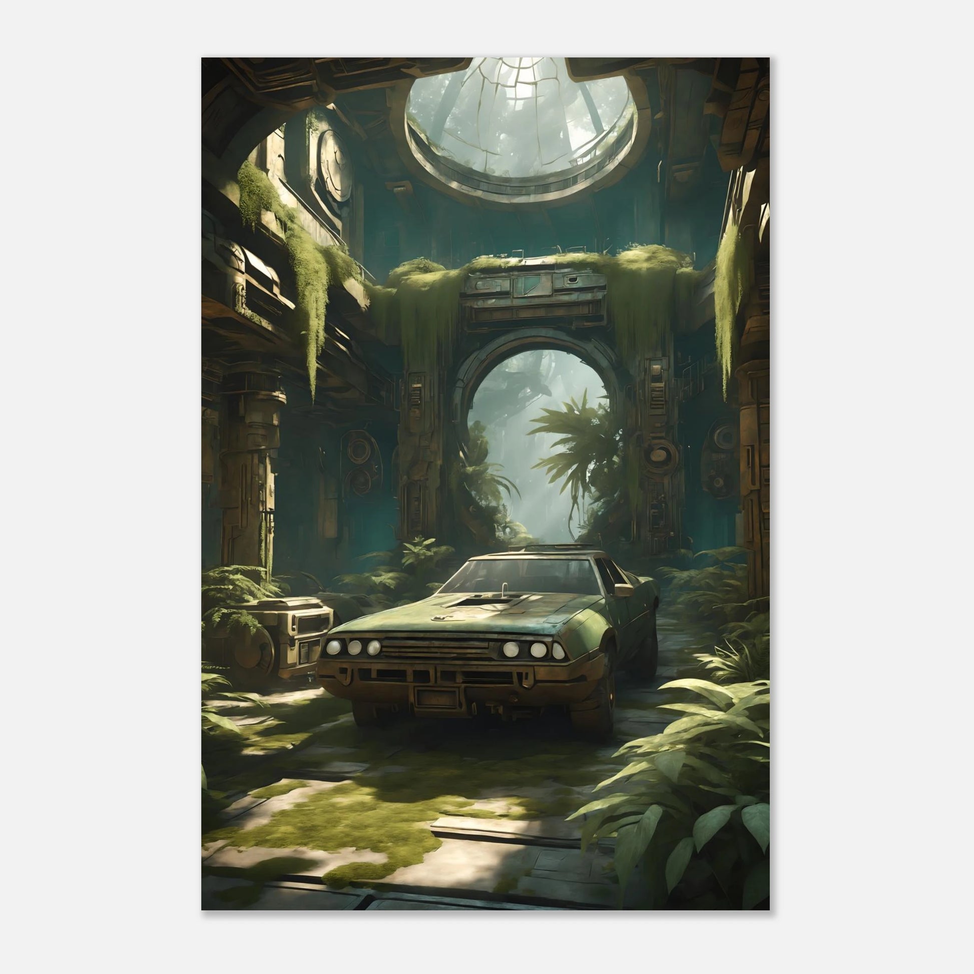 Digitales Kunstwerk eines alten, grünen Autos in einer großen, von Pflanzen und Moos bewachsenen Tempel-Ruine mit Lichteinfall von oben. 60x90 cm. Dibond