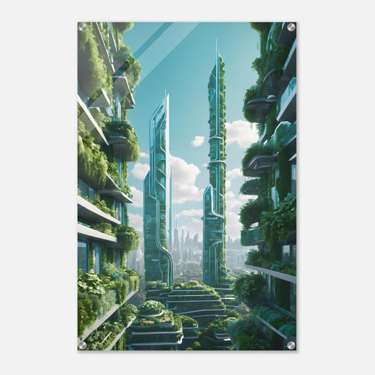 Digitales Kunstwerk einer futuristischen Stadt mit extrem hohen, schlanken Wolkenkratzern, die über und über mit grünen Pflanzen bewachsen sind. 60x90 cm. Acryl