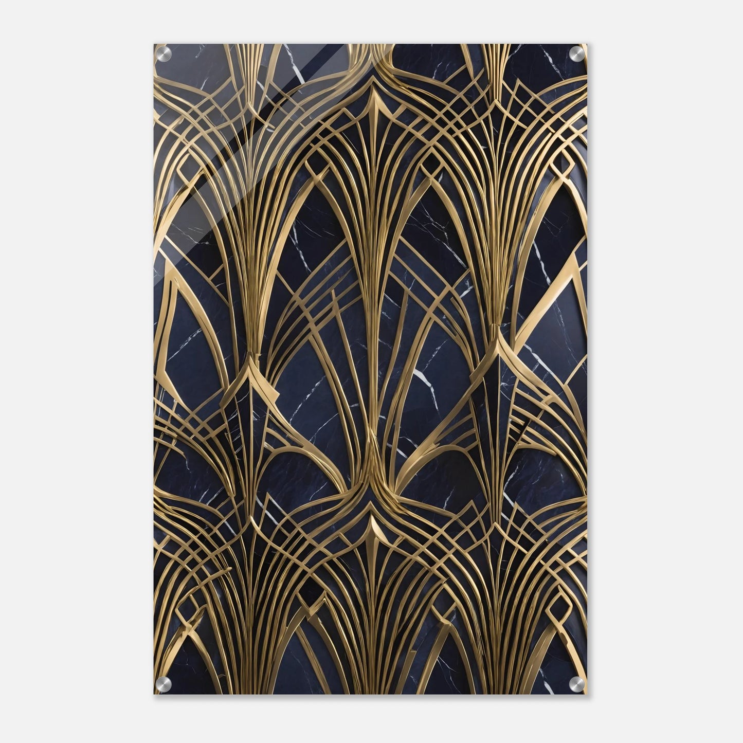 Modernes Wandbild mit goldenen, symmetrischen Art-Déco-Bögen auf einem dunkelblauen, marmorierten Hintergrund. 60x90 cm. Acryl
