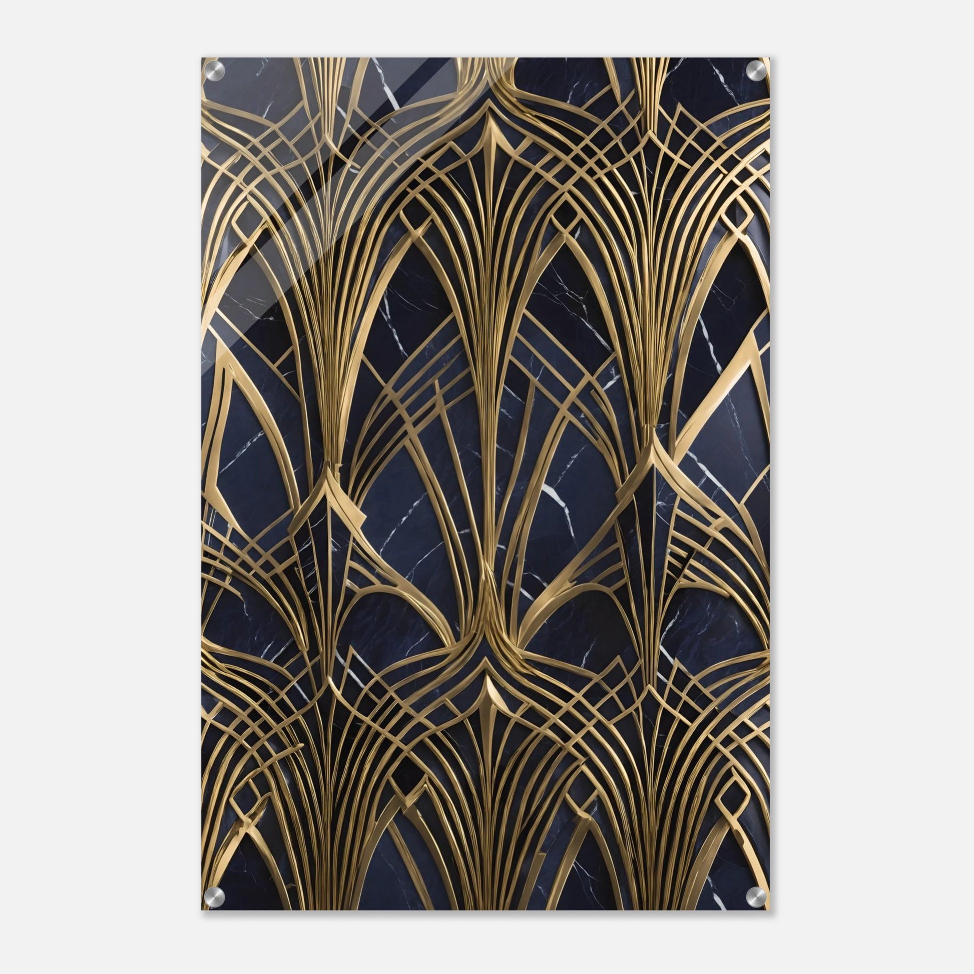 Modernes Wandbild mit goldenen, symmetrischen Art-Déco-Bögen auf einem dunkelblauen, marmorierten Hintergrund. 60x90 cm. Acryl
