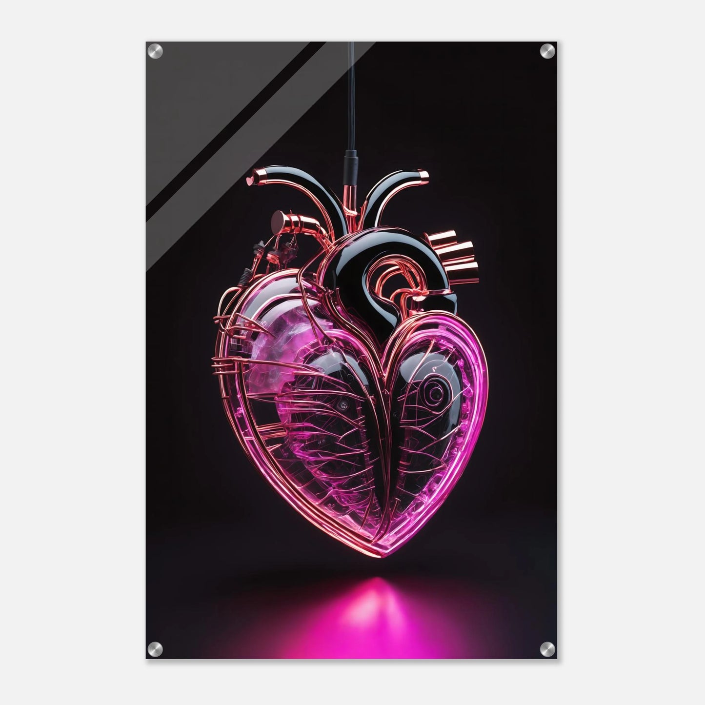 Digitales Kunstwerk eines anatomischen Herzens mit leuchtend pinken Neon-Strukturen und glänzenden schwarzen Oberflächen auf dunklem Grund. 60x90 cm. Acryl